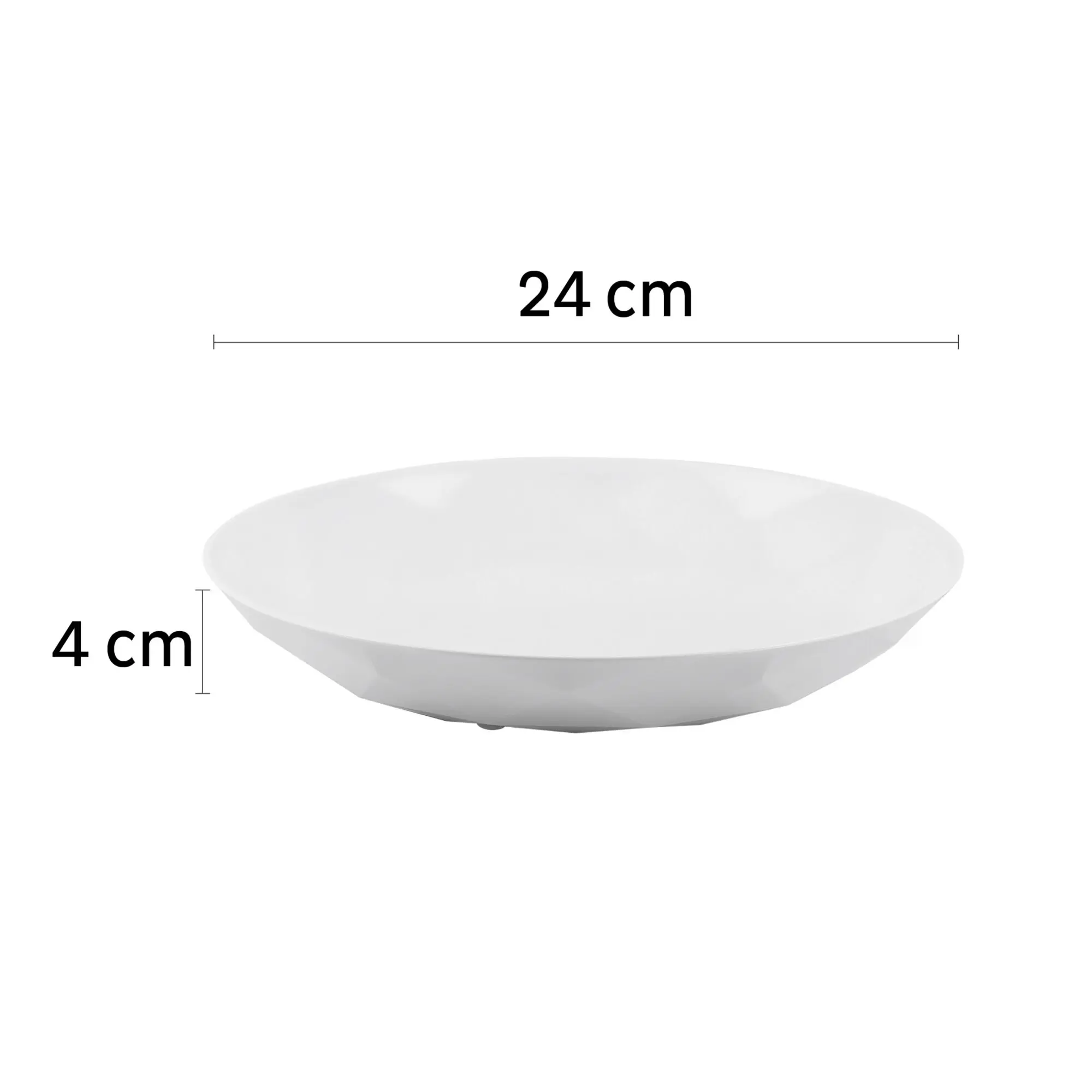 Weißer flacher Teller aus Keramik mit glattem Rand; sichtbare Maßangaben 24 cm Durchmesser und 4 cm Höhe