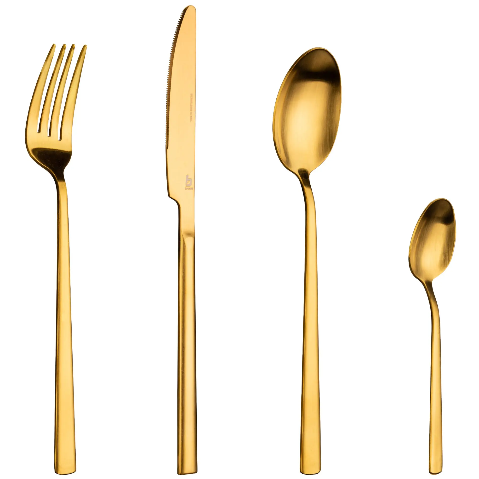 Besteckset Fairbanks, gold; Gabel, Messer und Löffel mit goldener Oberfläche vor weißem Hintergrund