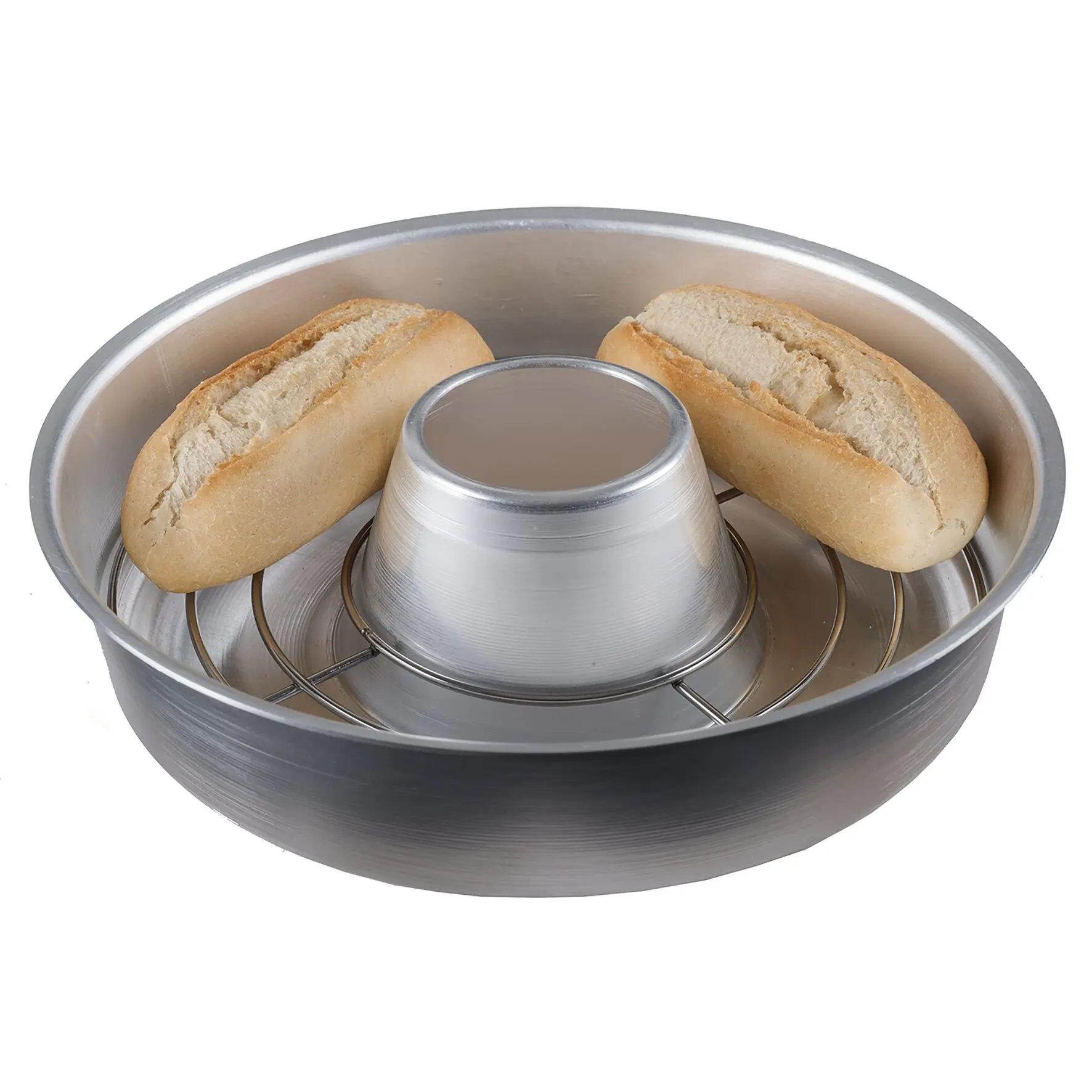Rundes Metall-Aufbackgitter Ø 22,5 cm mit zentraler konischer Stütze, darin liegen zwei längliche Baguette-Brote auf dem Drahtgitter