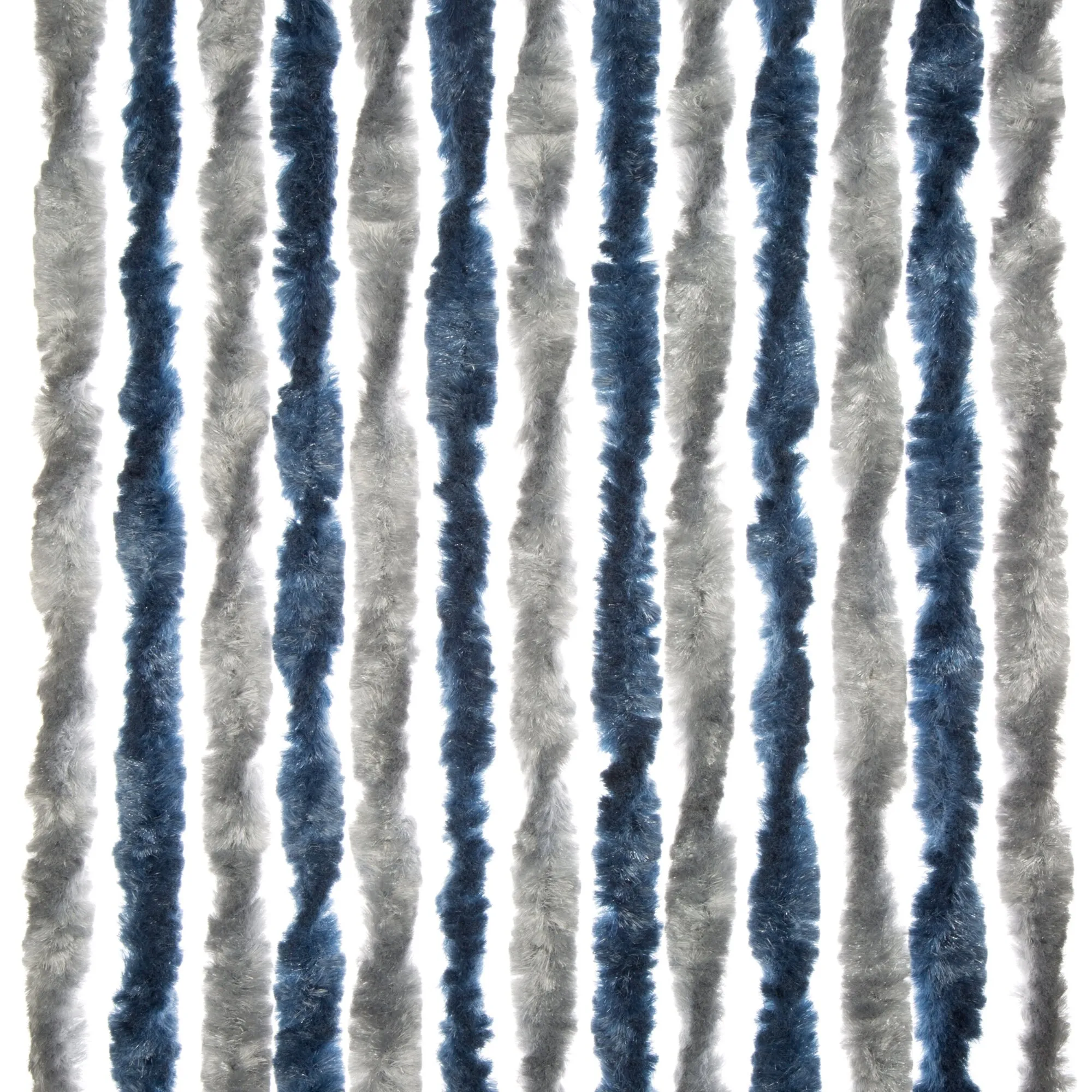 Flauschvorhang mit senkrechten, dicht gefransten Streifen in abwechselndem Blau und Silber auf weißem Hintergrund, 100 cm breit