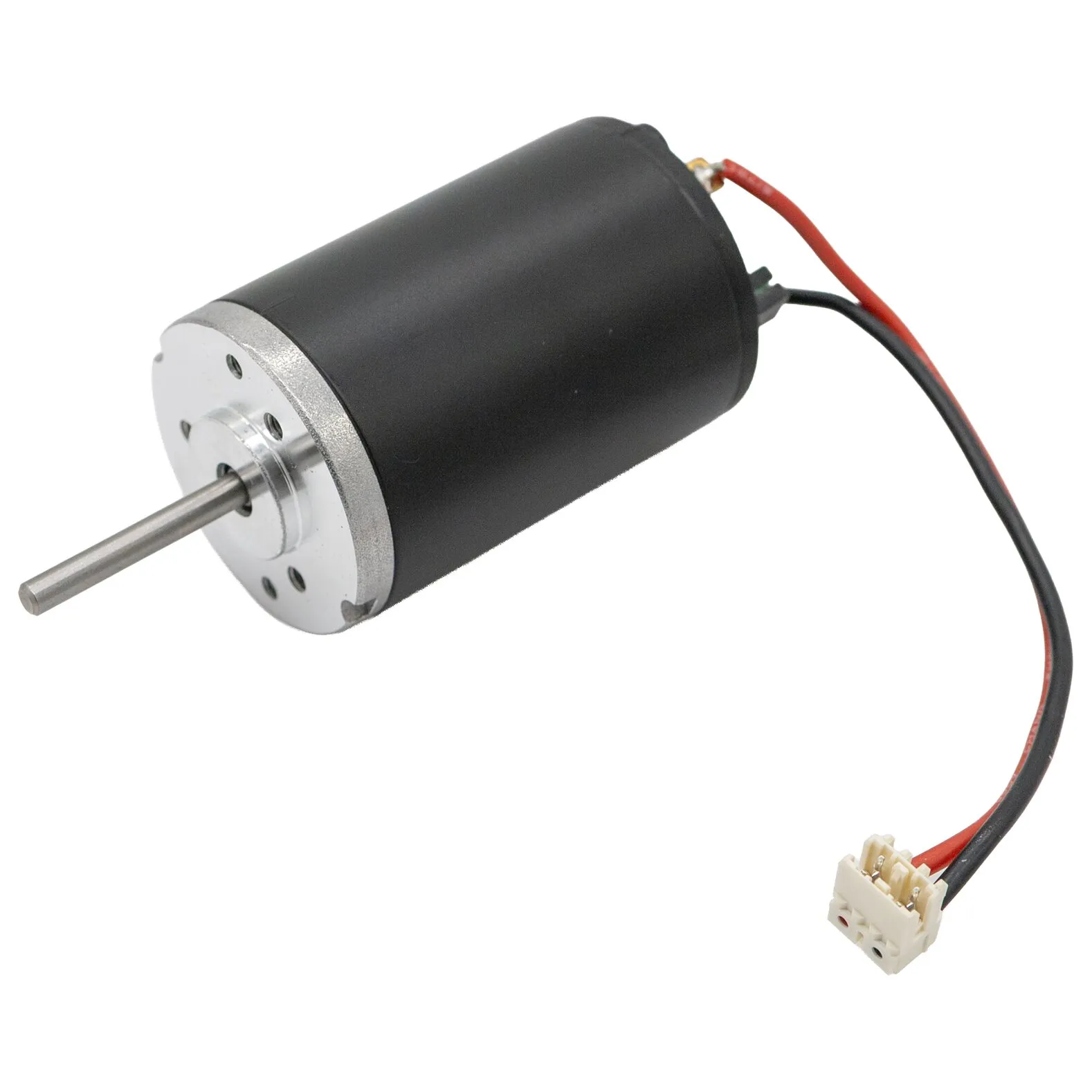 Schwarzer zylindrischer Gleichstrommotor mit silberner Frontplatte, hervorstehender Metallwelle, roten und schwarzen Kabeln sowie Steckverbinder