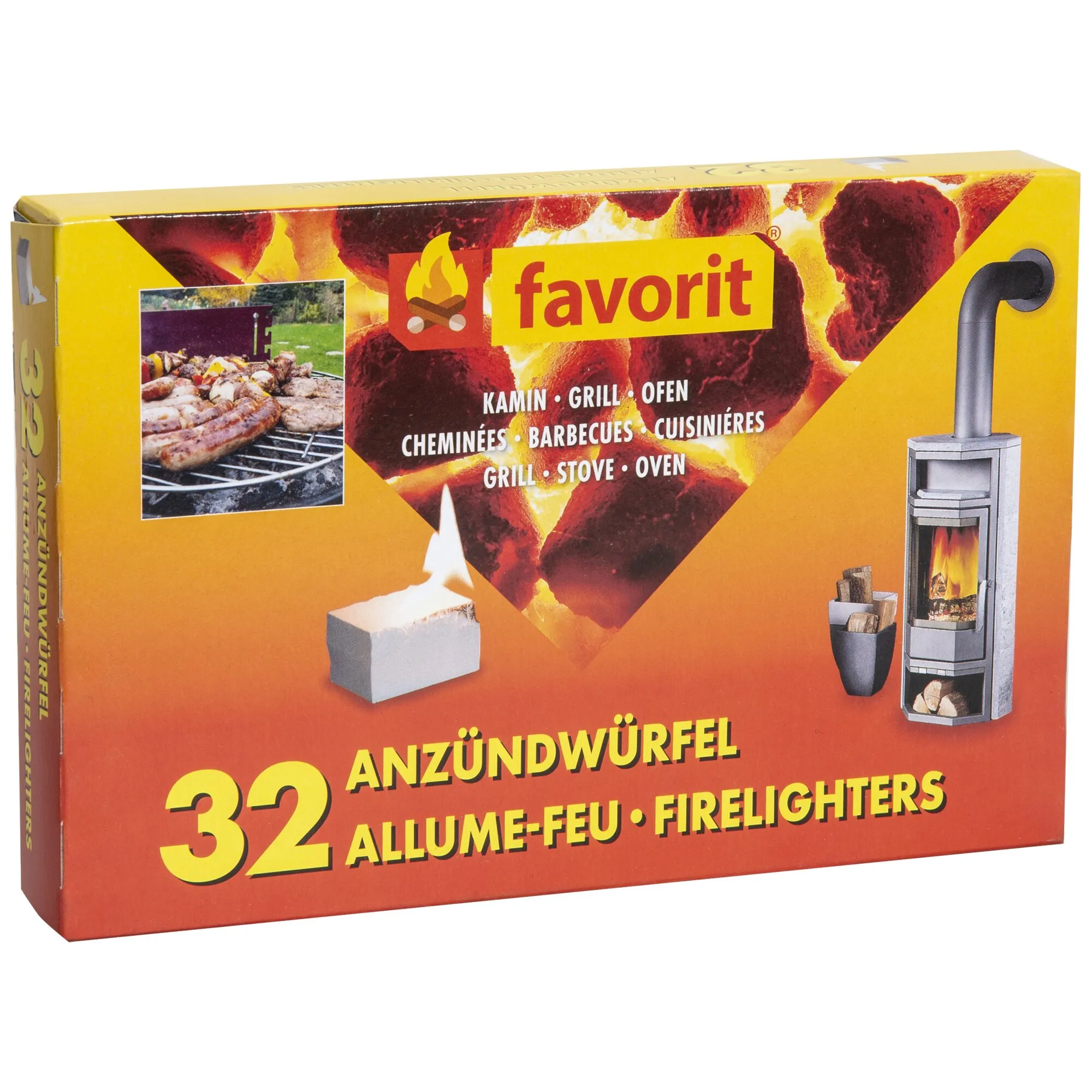 Gelbe Verpackung mit Flammenmotiv und favorit-Logo sichtbar ANZÜNDWÜRFEL 32 daneben Bilder eines Grills mit Fleisch und Kaminanzünder