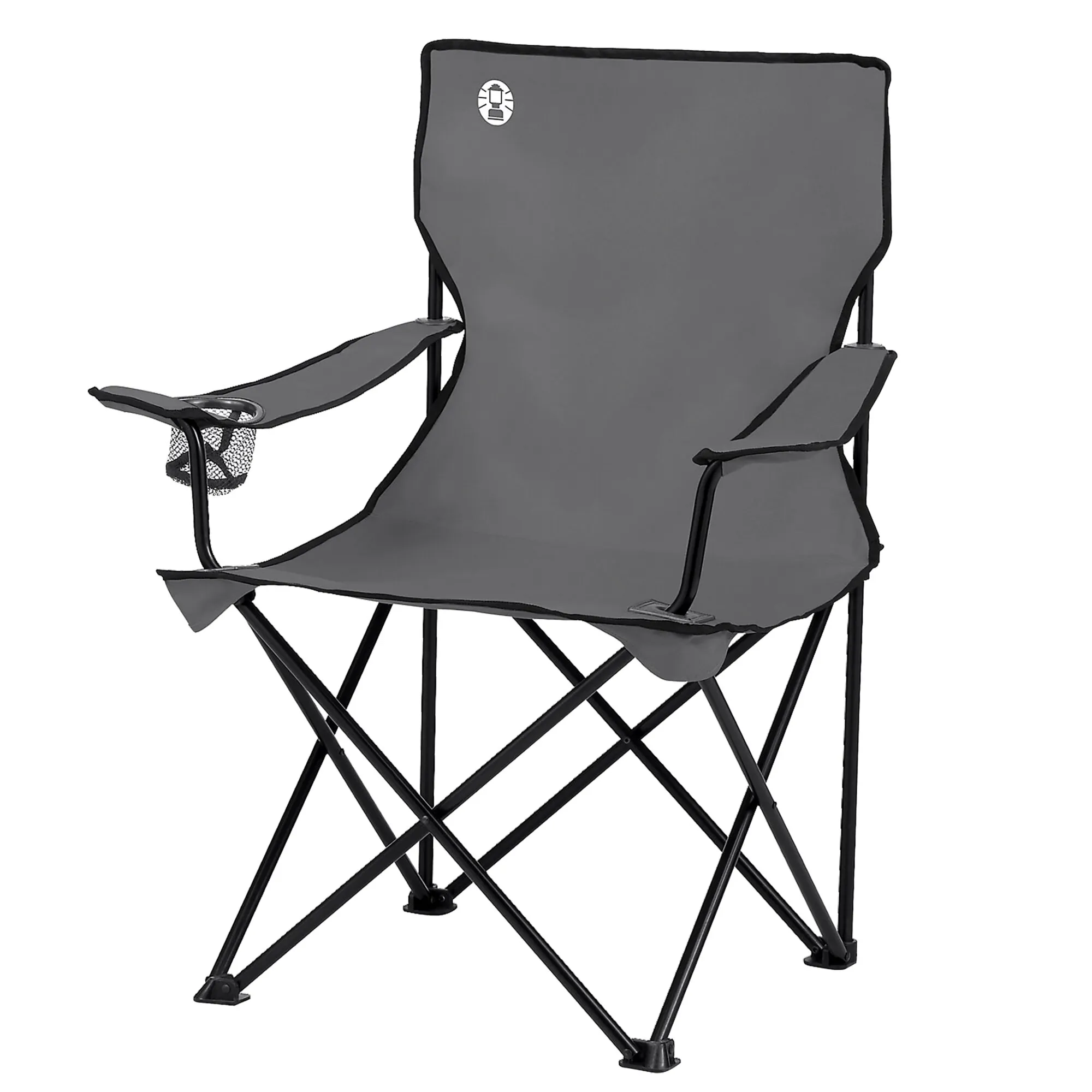 Grauer faltbarer Quad Chair mit schwarzem Gestell, breiter Sitzfläche, Armlehnen, Getränkehalter und Netz-Ablagetasche
