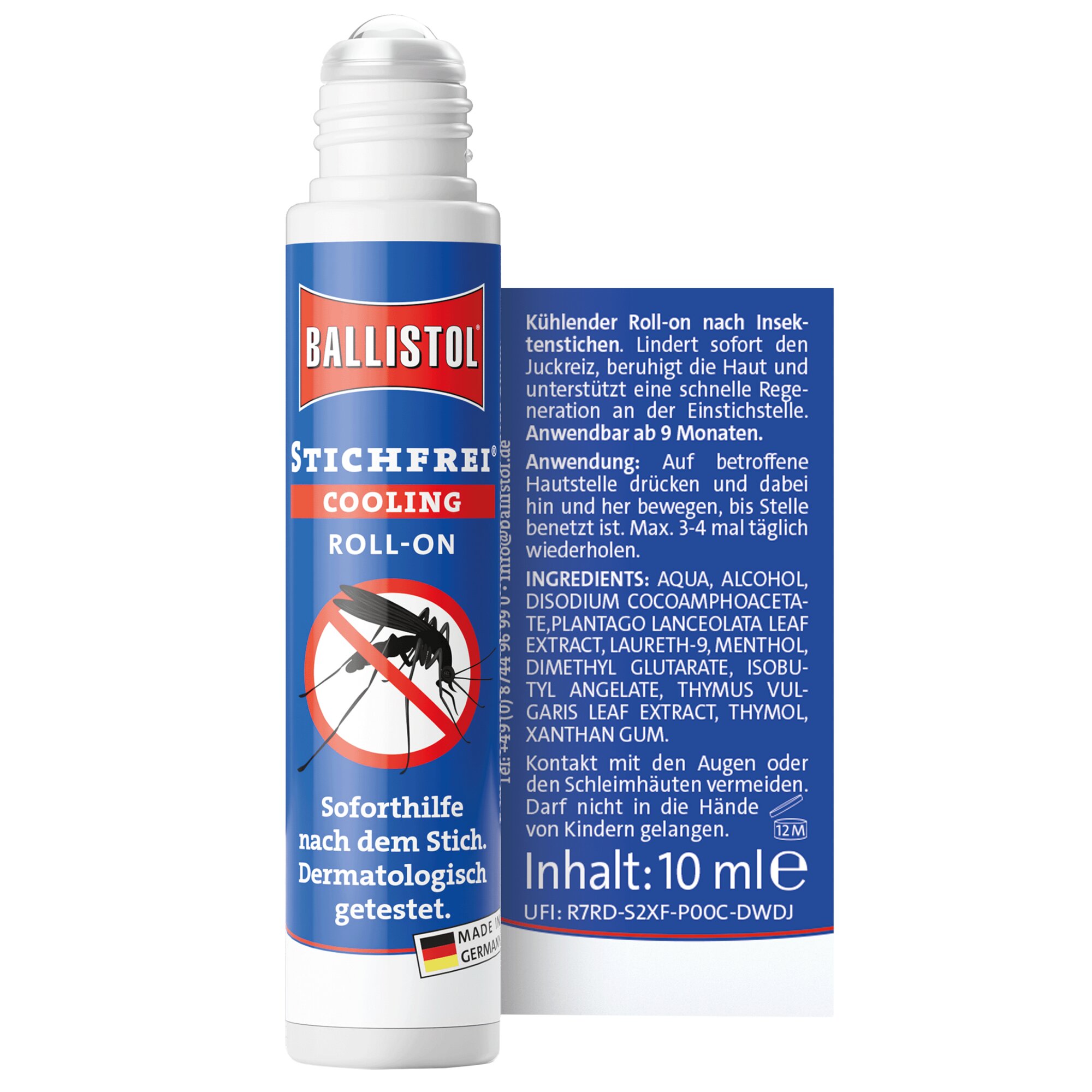 Roll-on-Flasche mit blauem Etikett, Ballistol-Logo und transparenter Kappe; Stichfrei Cooling Roll-On sichtbar, daneben blaue Infoseite