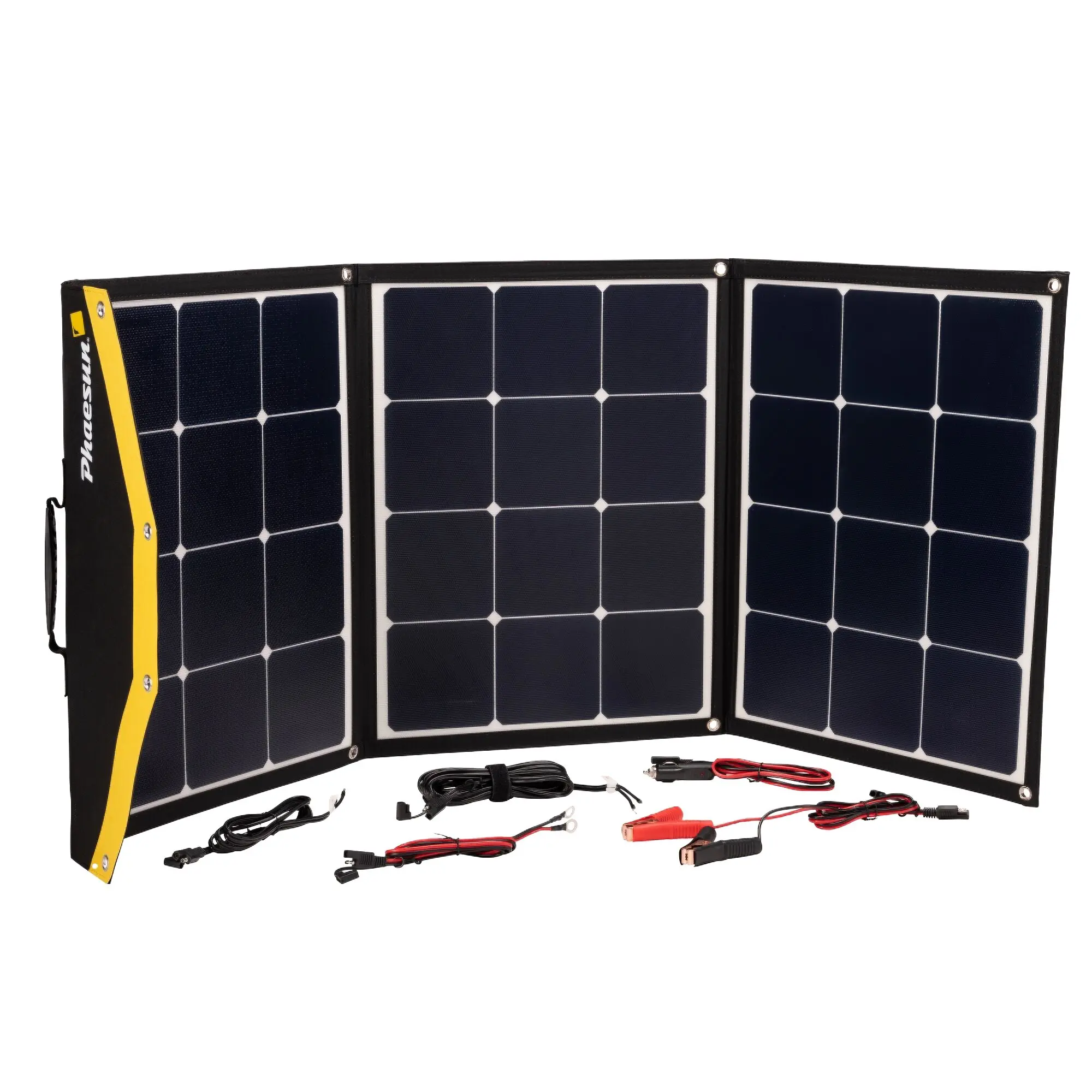 Faltbares Solarmodul Fly Weight 135 Wp mit mehreren blauen Solarzellen im schwarzen Rahmen, gelbem Rand und mit Anschlusskabeln