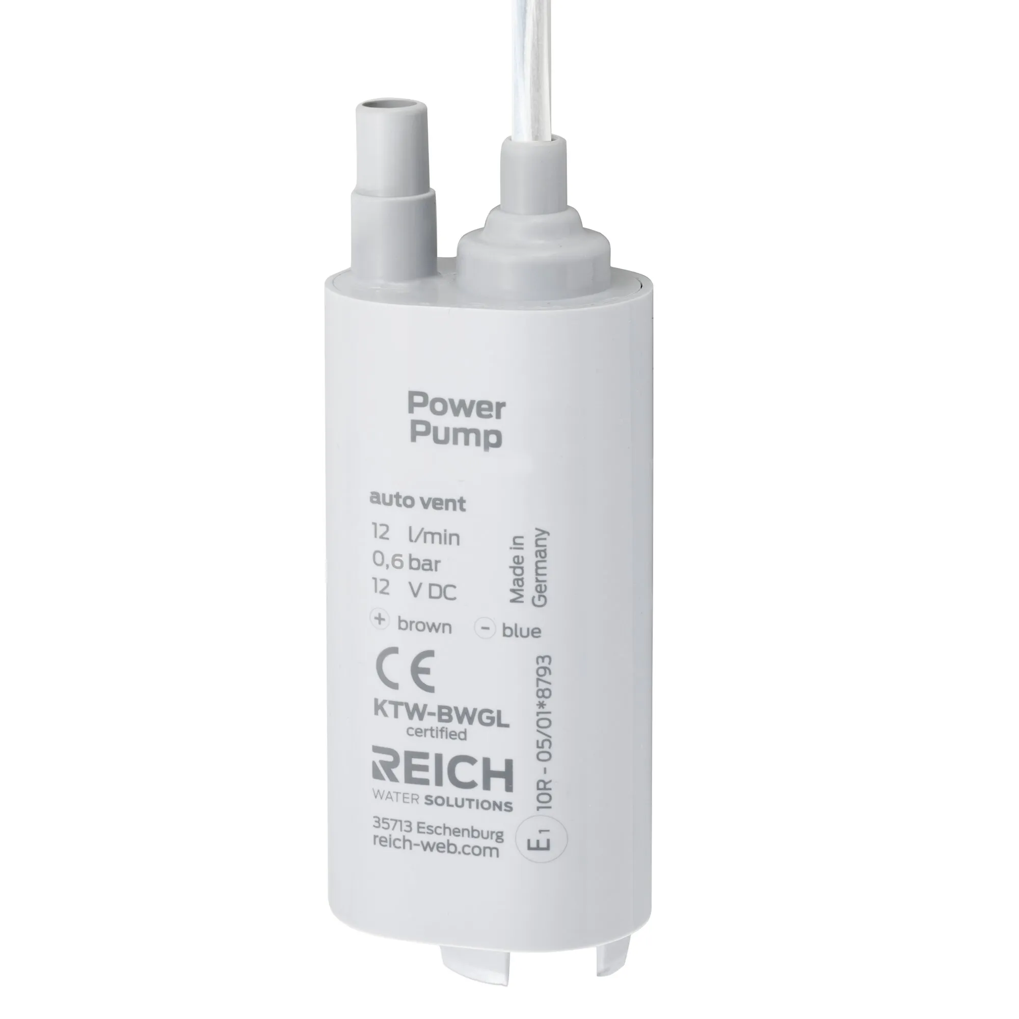 Weiße zylindrische Tauchpumpe von Reich mit zwei Anschlüssen, 12 V Gleichspannung und 12 l/min Förderleistung