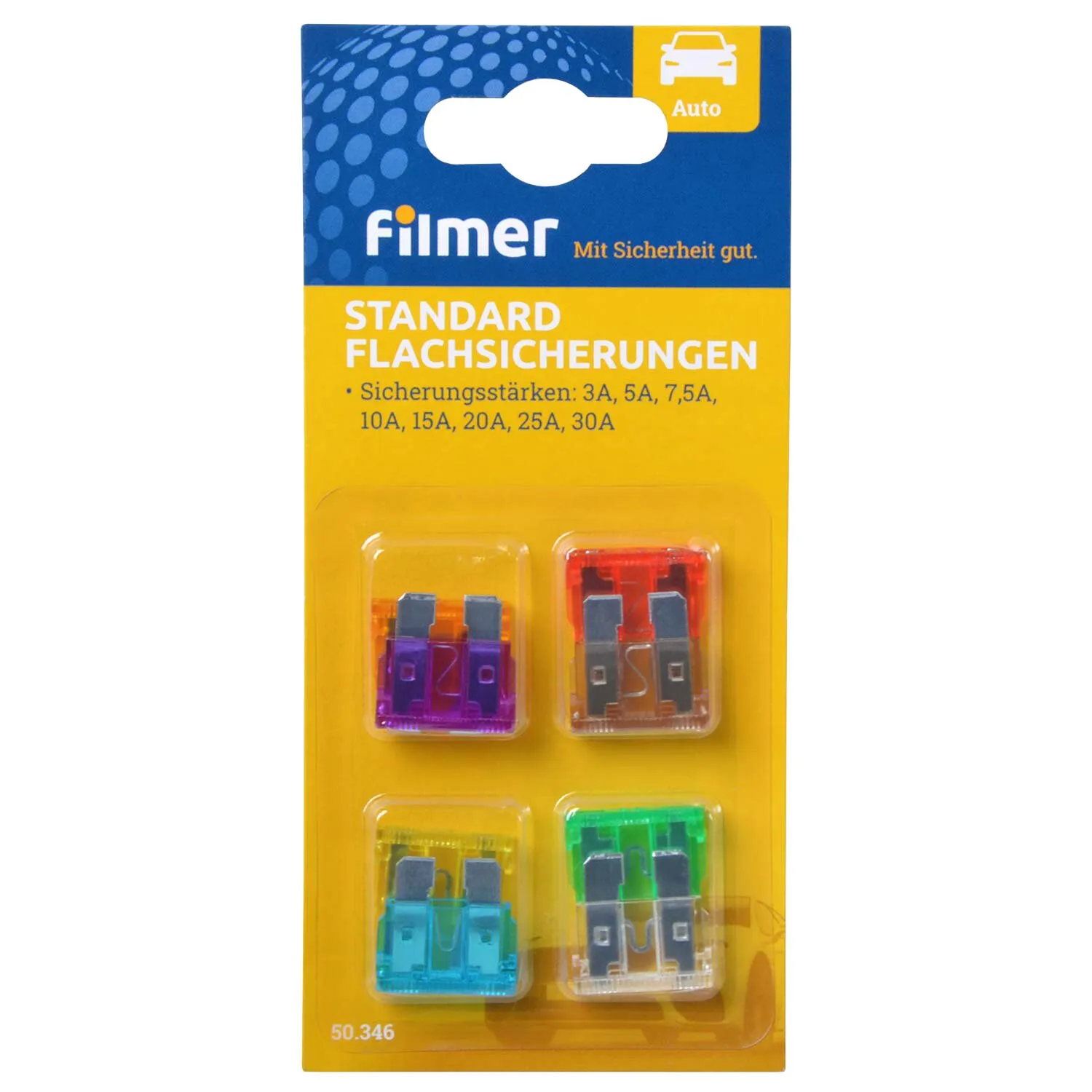 Filmer Standard-Flachsicherungen, 8-teilig, in gelber Verpackung mit 3, 5, 7,5, 10, 15, 20, 25 und 30 A