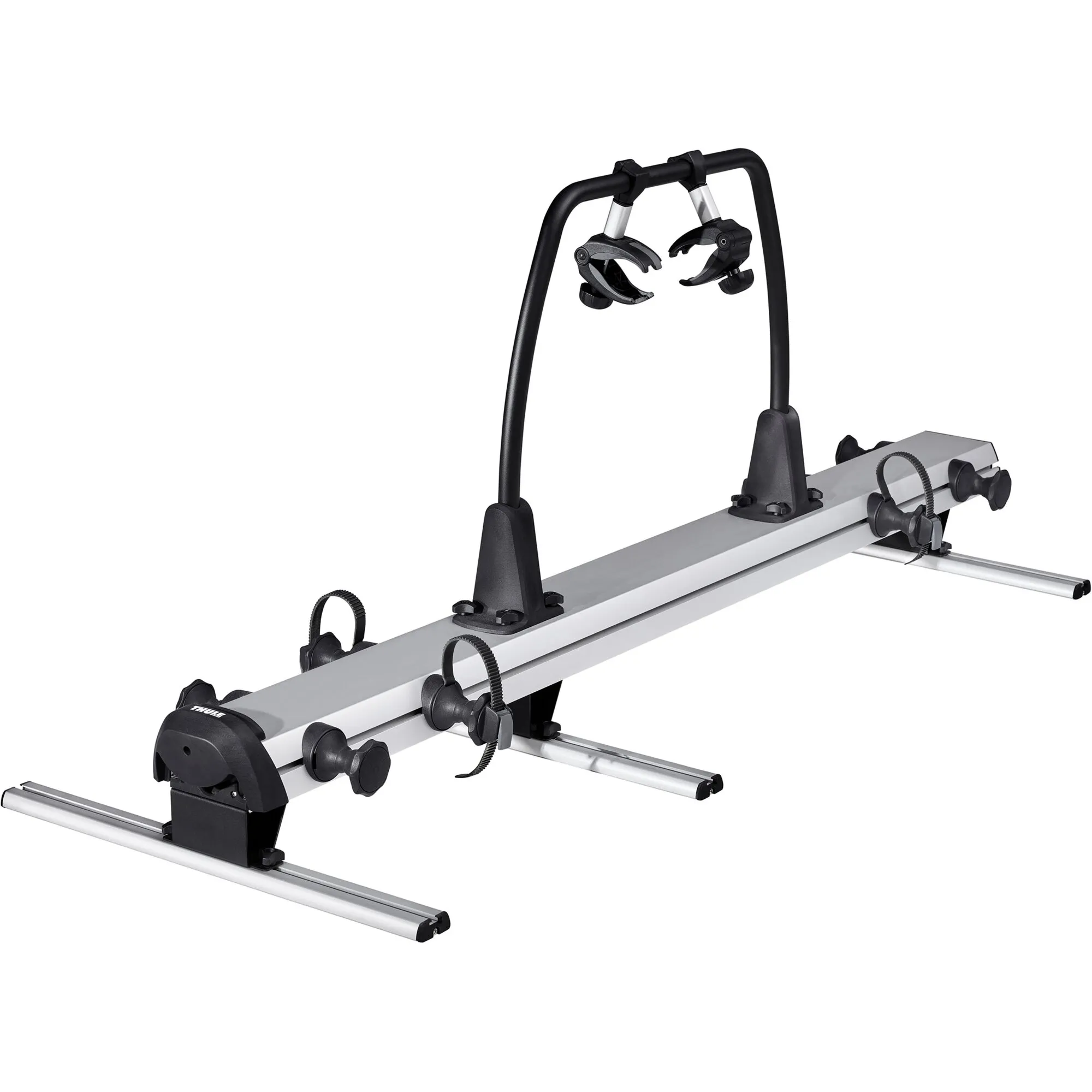 Thule VeloSlide Fahrradträger aus Aluminium und schwarzem Kunststoff mit zwei Fahrradschienen und Haltearmen