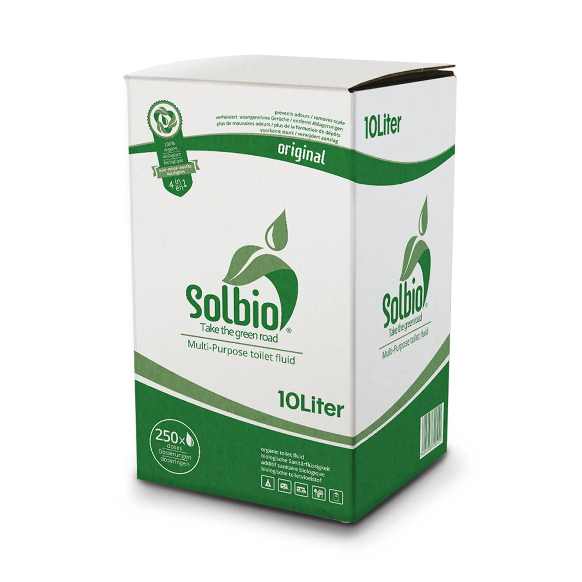 Solbio Original Toilettenzusatz 4 in 1 als grüner und weißer 10-Liter-Karton mit Dosierangabe 250 Anwendungen