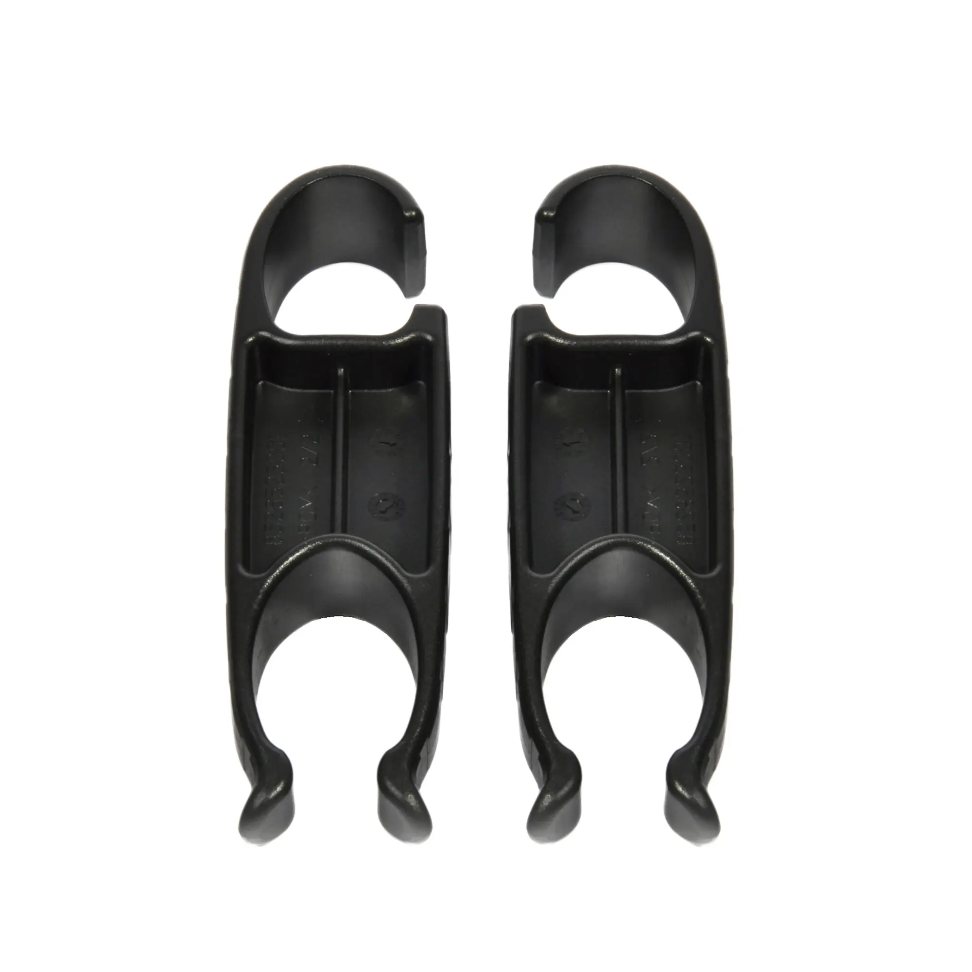 Zwei schwarze Rahmenhalter aus Kunststoff, jeweils mit runder Öffnung am Unterteil, Detailaufnahme der Thule Excellent/Elite G2 Halter
