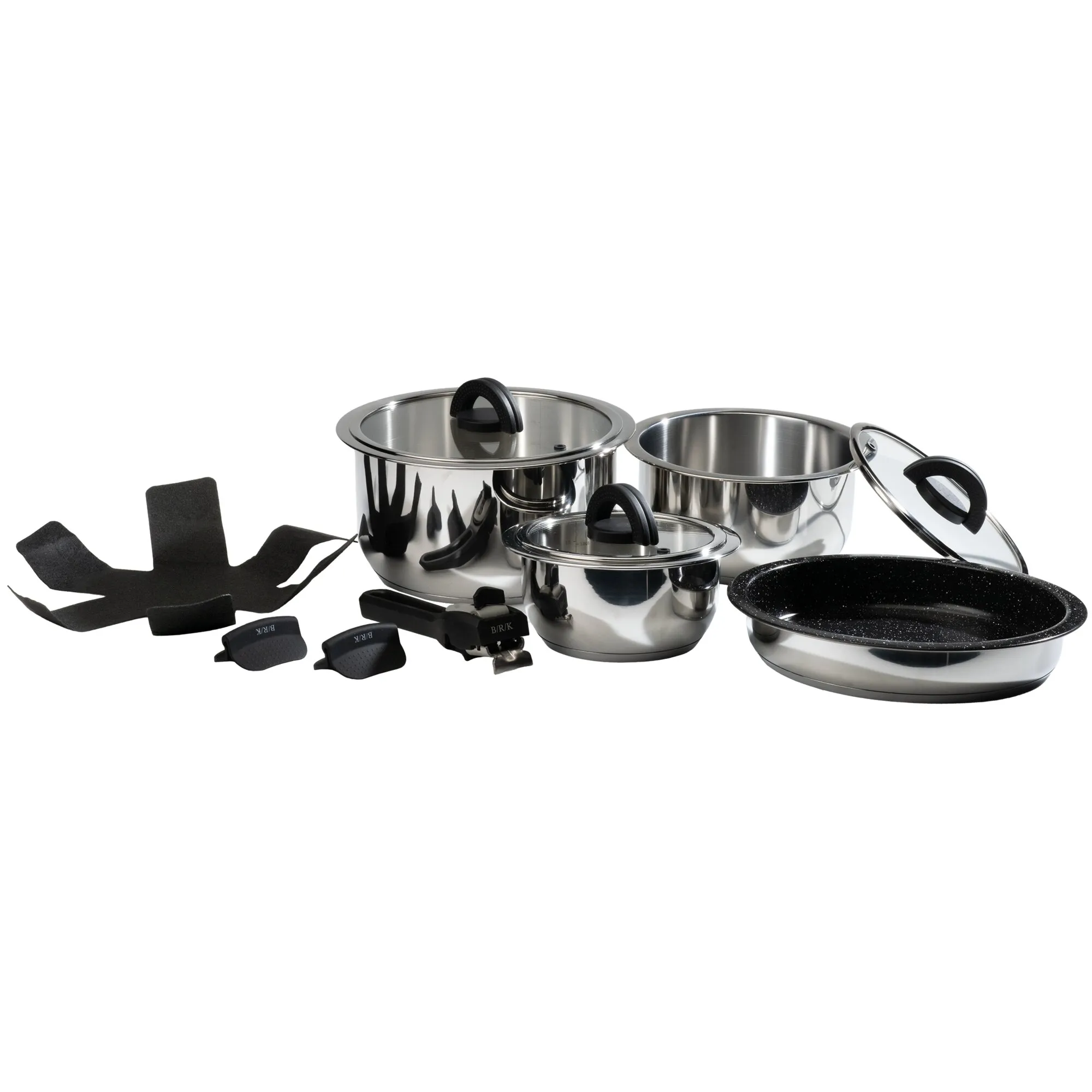 Kochset Click-On, 10-teilig, aus glänzendem Edelstahl mit Glasdeckeln, abnehmbaren Griffen und beschichteter Bratpfanne