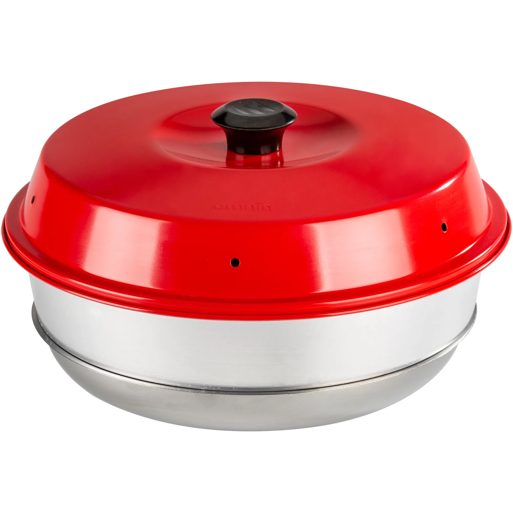 Roter Backofen Classic mit schwarzem Deckelgriff, seitlichen Dampfaustrittsöffnungen und silberfarbenem Metallgehäuse