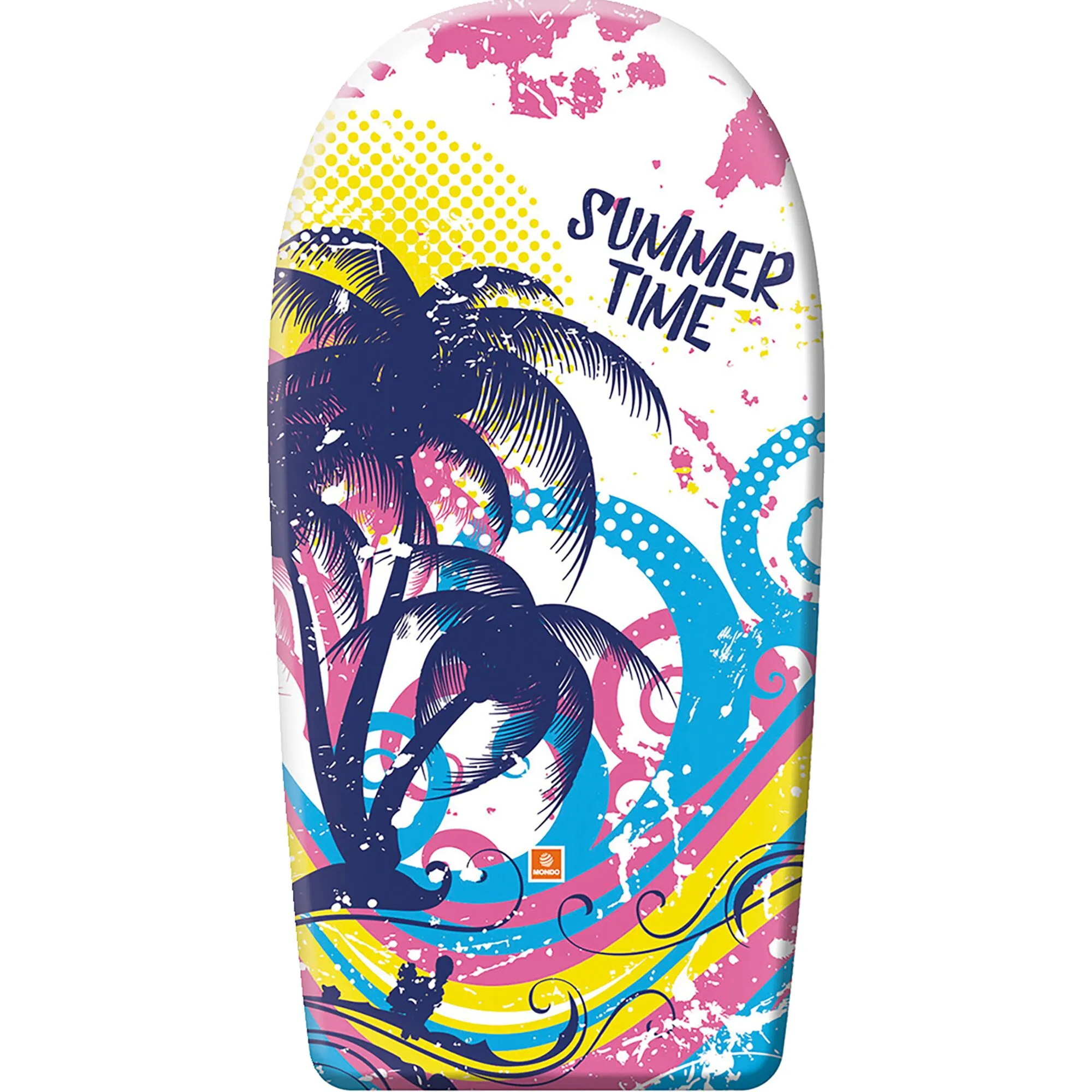 Bunter Wellenreiter mit abgerundeter Form, Palmenmotiv, Wellenmustern und dem Schriftzug SUMMER TIME in Pink, Blau und Gelb