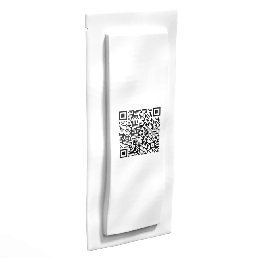 X1 Hochbarriere-Folienliner als transparenter, länglicher Beutel mit aufgedrucktem QR-Code in der Vorderansicht
