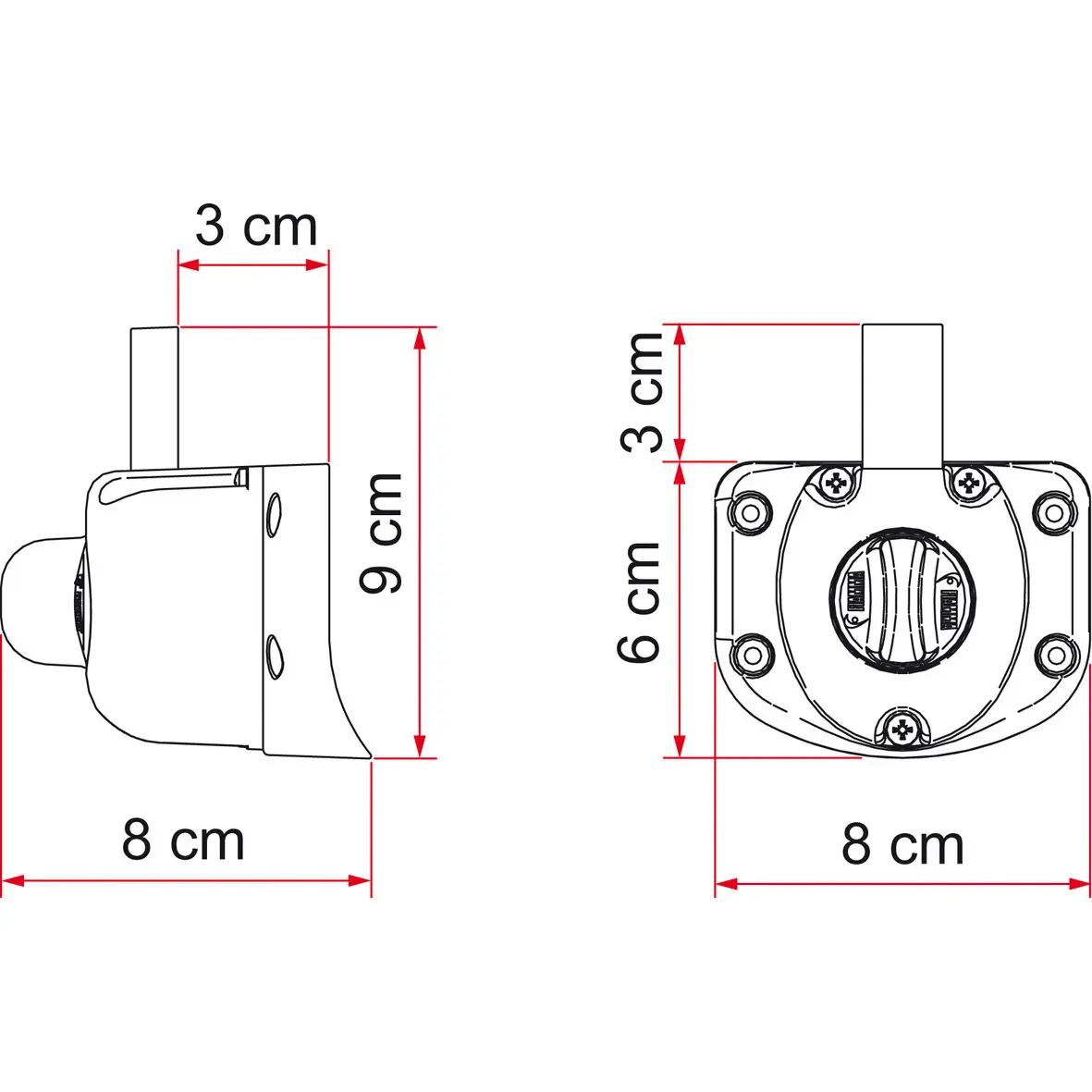 Technische Zeichnung der Innentürverriegelung Safe Door Guardian für Fiat Ducato X250, Seiten- und Draufsicht mit Befestigungslöchern und Maßangaben 8 cm Länge 9 cm Höhe