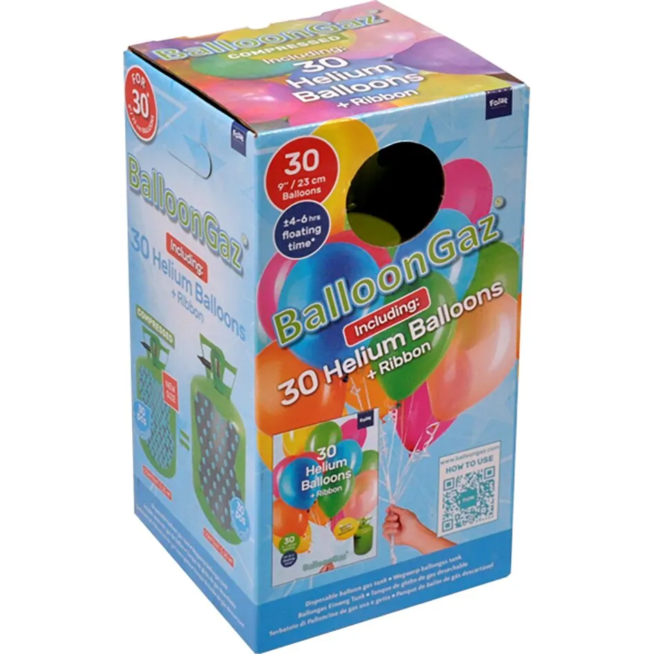 Blauer Helium-Ballon-Kit-Karton Balloon Gaz für 30 Ballons mit 23 cm Durchmesser und Band geschniegelt