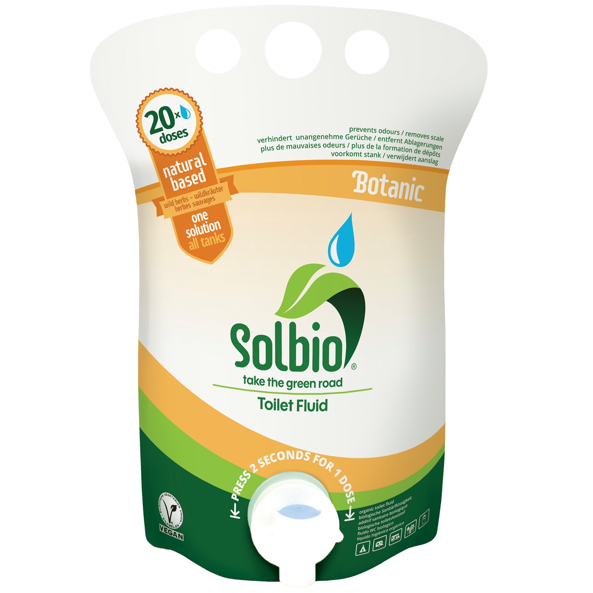 Weißer Toilettenzusatz mit Botanic-Label und 800 ml Fassungsvolumen, orangefarbenem 20x-Dosen-Abzeichen, grünem Solbio-Logo und Toilet Fluid