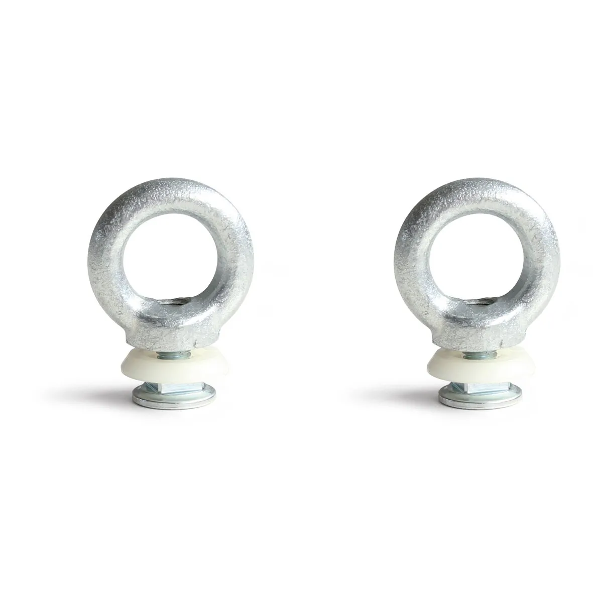 Zwei verzinkte Befestigungsösen mit rundem Ring, Gewinde, Kunststoffscheibe und Metallunterlegscheibe des Eye-Kits