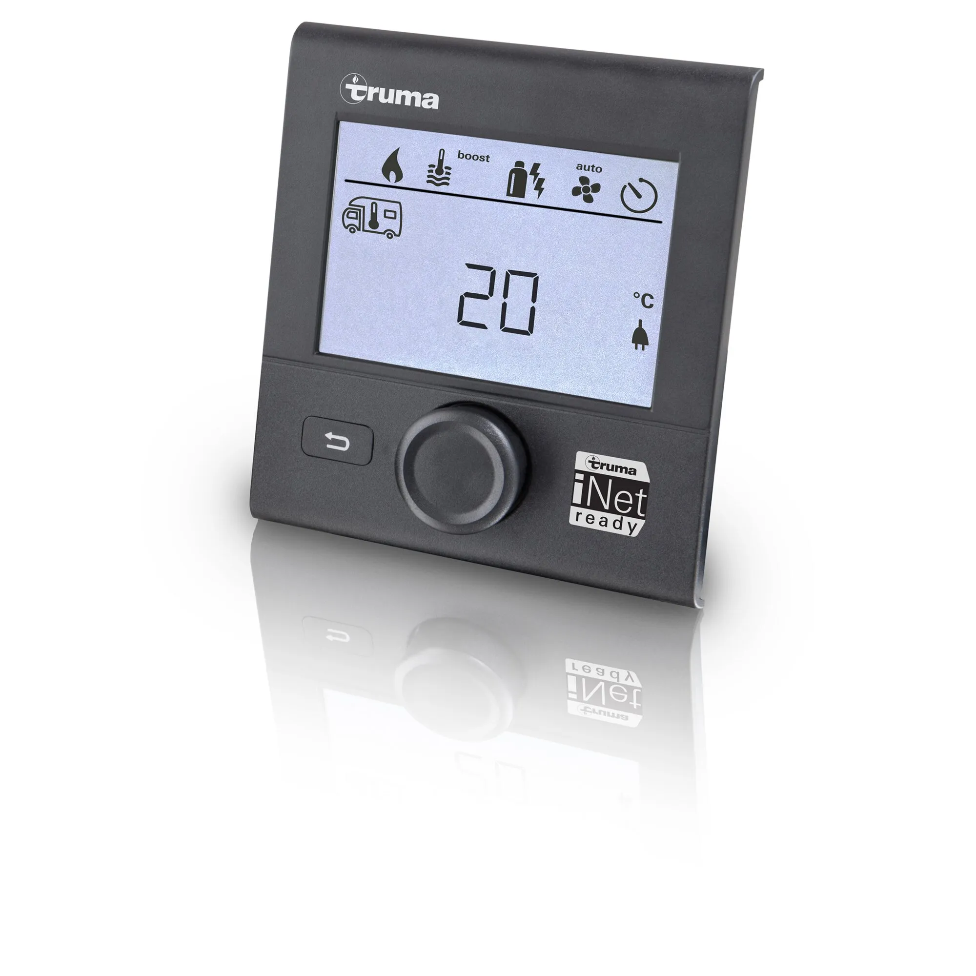 Schwarzes Truma Bedienteil CP plus mit Drehregler, Rücktaste und Display mit 20 °C-Anzeige, TNet-ready-Aufkleber und Wohnmobil-Symbol