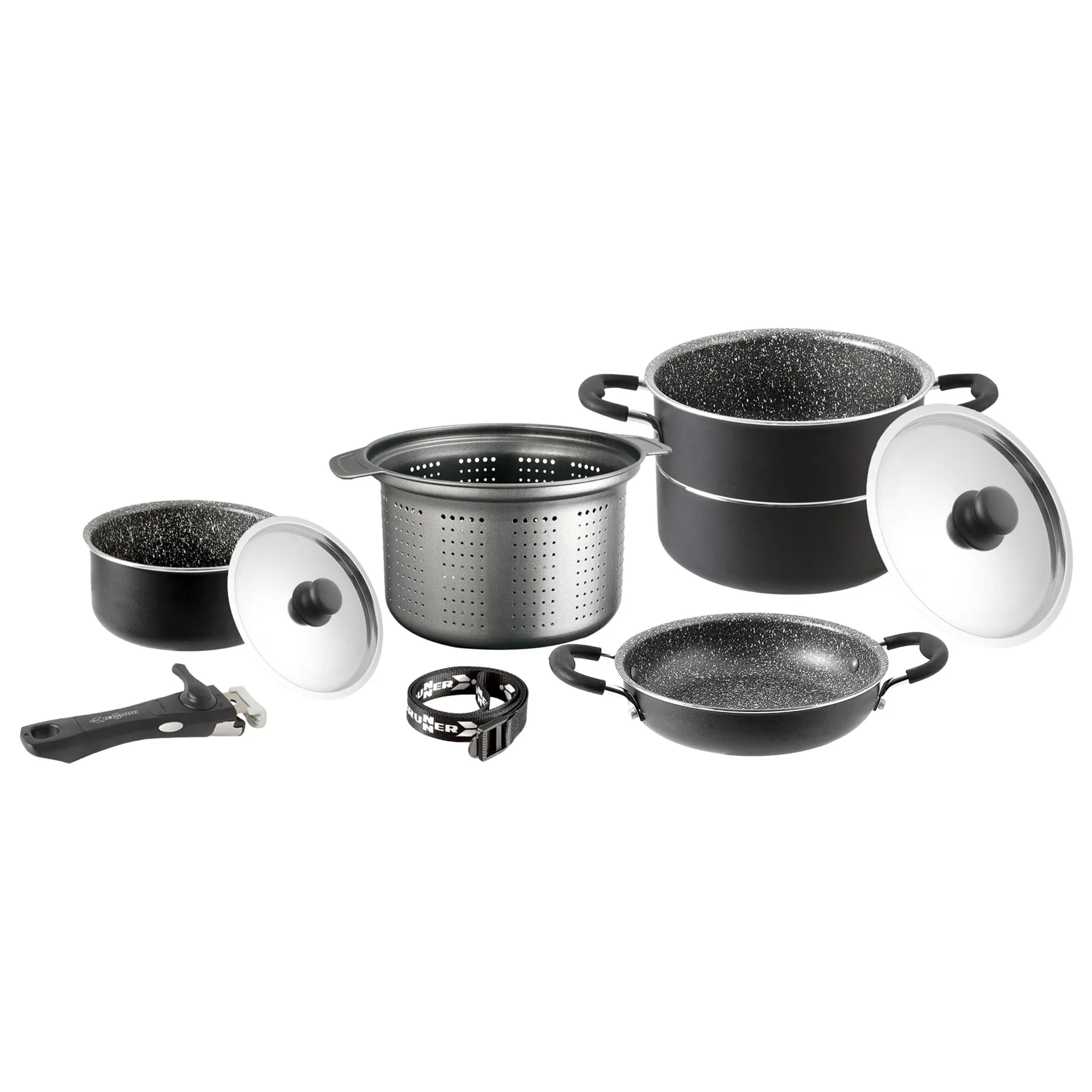 Schwarzes Topfset Pirate 7 + 1 mit zwei Töpfen, Pfanne, Dämpfeinsatz, zwei Glasdeckeln, abnehmbarem Griff und Tragegurt