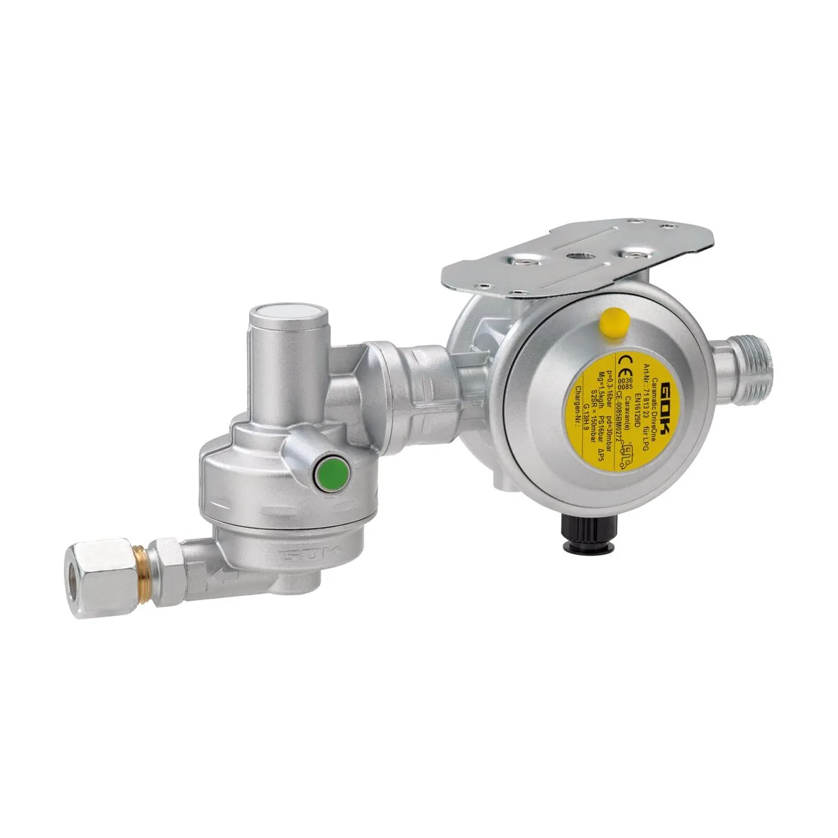 Caramatic DriveOne Sicherheits-Gasdruck-Regelanlage aus Metall in horizontaler Ausführung mit Manometer, Anschluss und grüner Anzeige