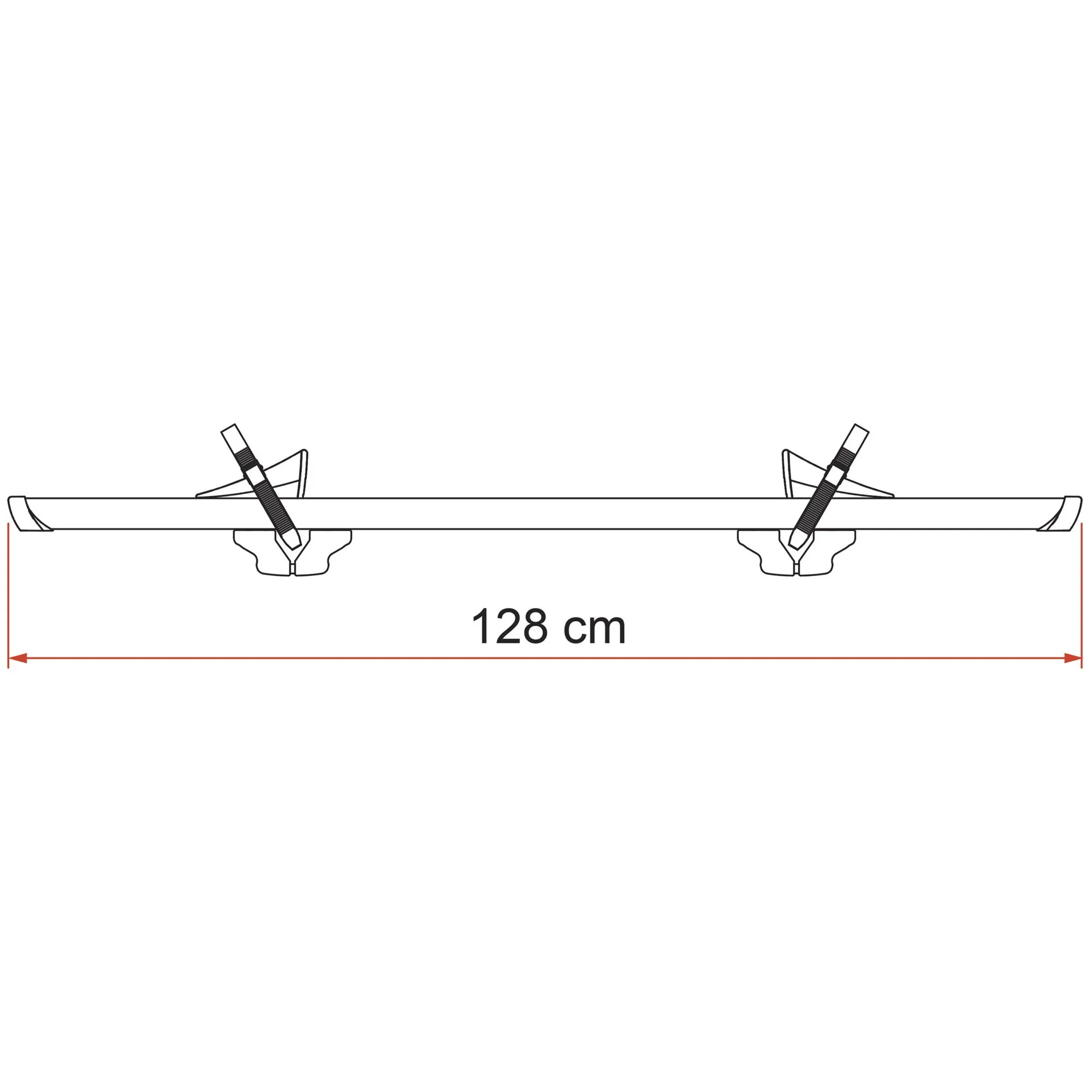 Silberne Fahrradschiene Rail Premium S in Seitenansicht mit zwei Befestigungsriemen und Maßangabe 128 cm