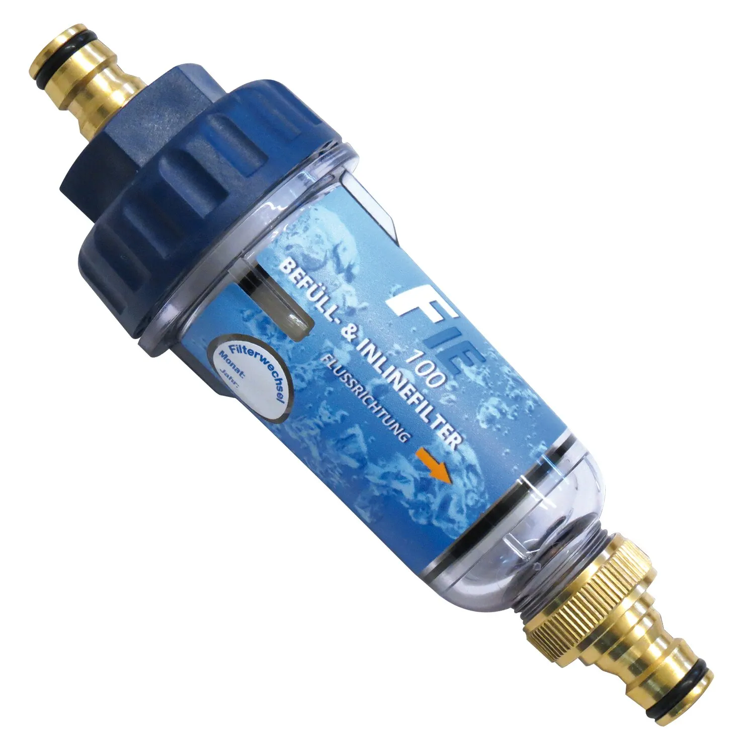 Blauer Befüll- und Inlinefilter FIE-100 mit transparentem Filtergehäuse, Messinganschlüssen und sichtbarem Durchflussrichtungspfeil