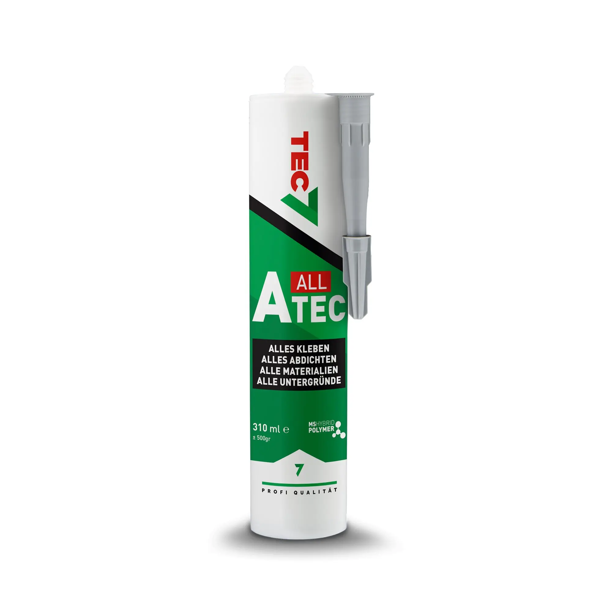 Weiße Kartusche des Klebstoff- und Dichtmittels ATEC mit grüner Fläche, schwarzer Diagonale und rotem ATEC-Schriftzug; grauer Applikator an der Oberseite