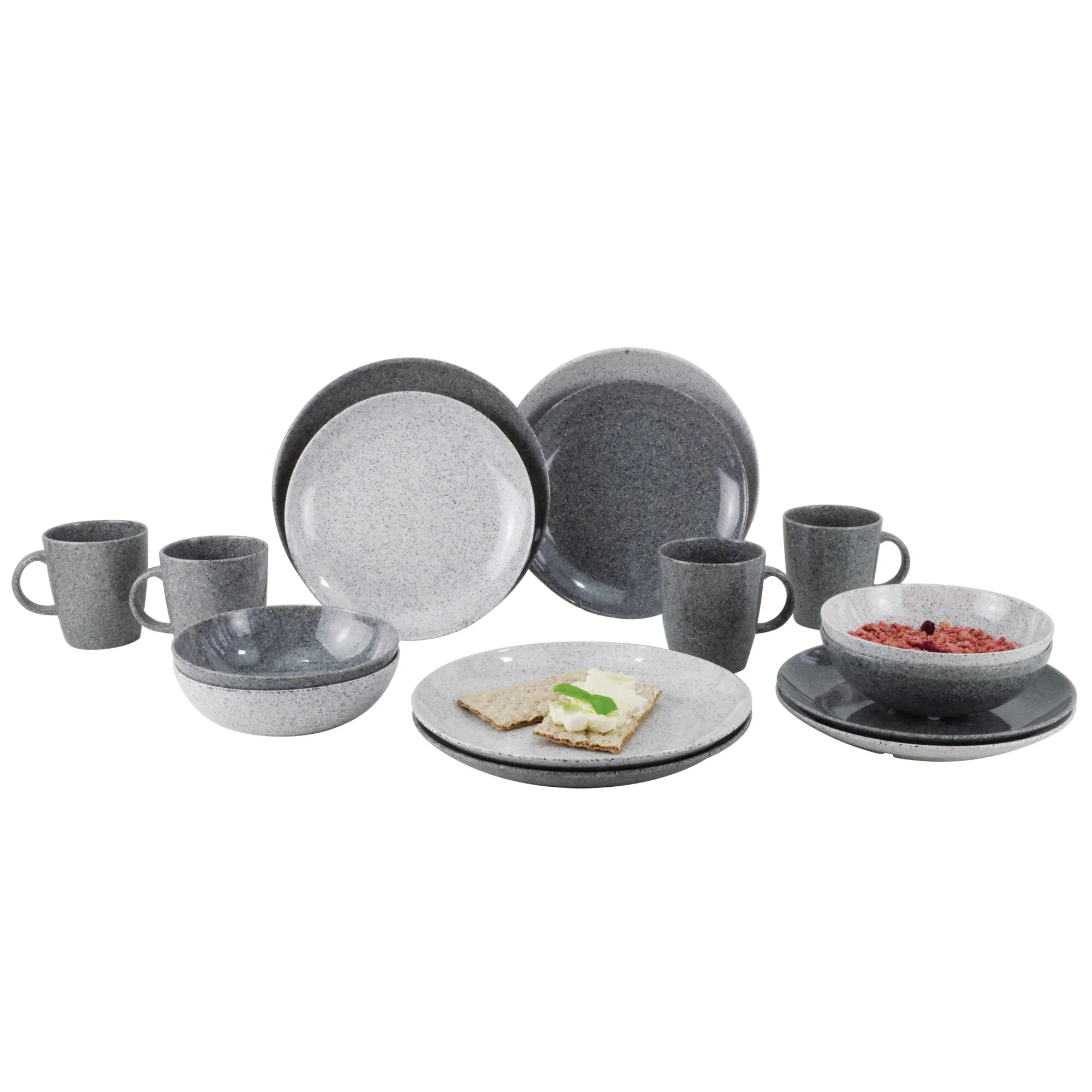Geschirrset Solid Line in Granitgrau mit Tellern, Schalen und vier Tassen, teilweise mit Knäckebrot und Müsli bestückt