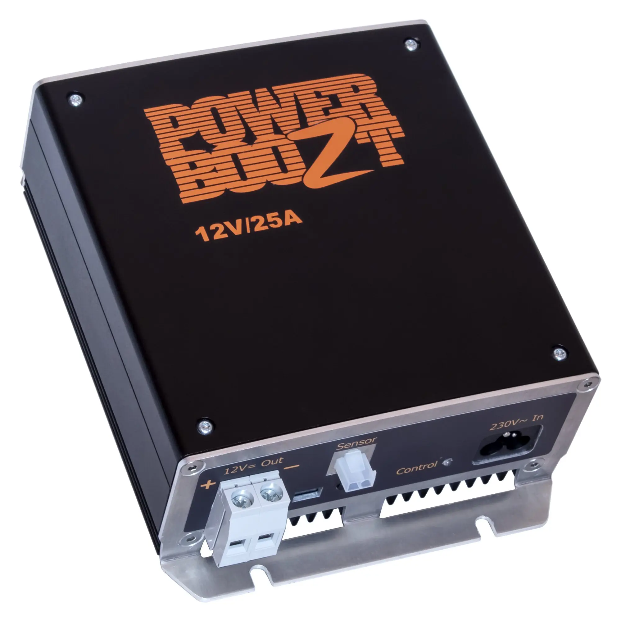 On-Board-Ladegerät mit schwarzem Gehäuse, orange POWER Z Beschriftung und 12V/25A; vordere Klemmen und Steuerungselemente sichtbar
