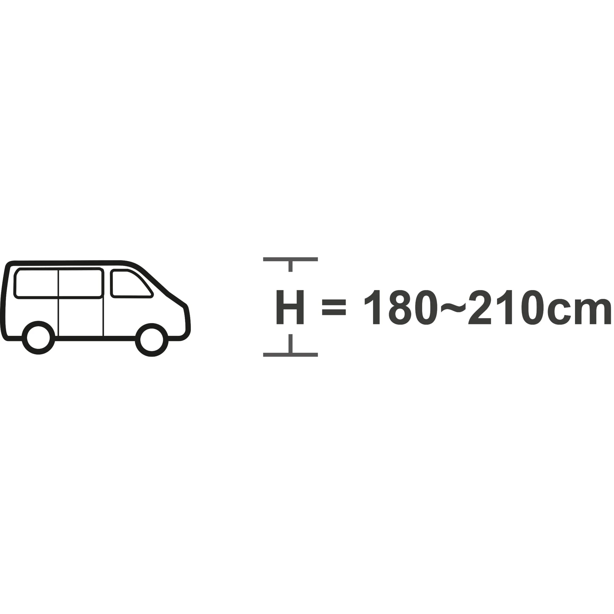 Busvorzelt Triton mit schematischer Seitenansicht eines Vans und Höhenangabe von 180 bis 210 cm