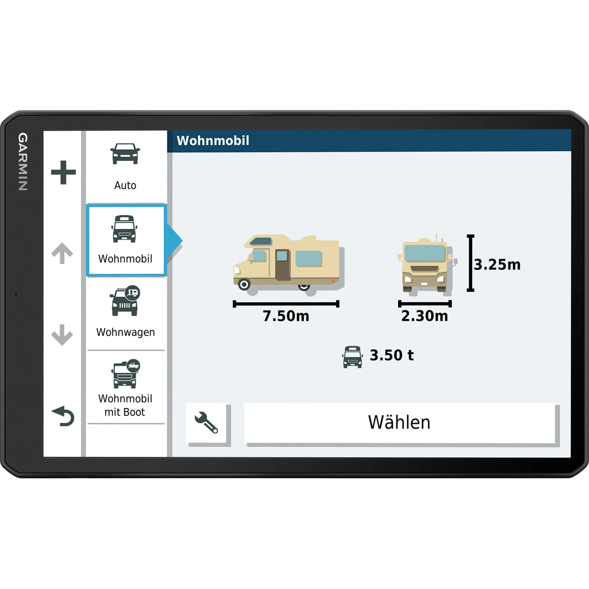 Garmin Camper 1095 MT-D EU Navigationssystem mit ausgewähltem Wohnmobilprofil und Maßen von 7,50 m, 2,30 m, 3,25 m und 3,50 t