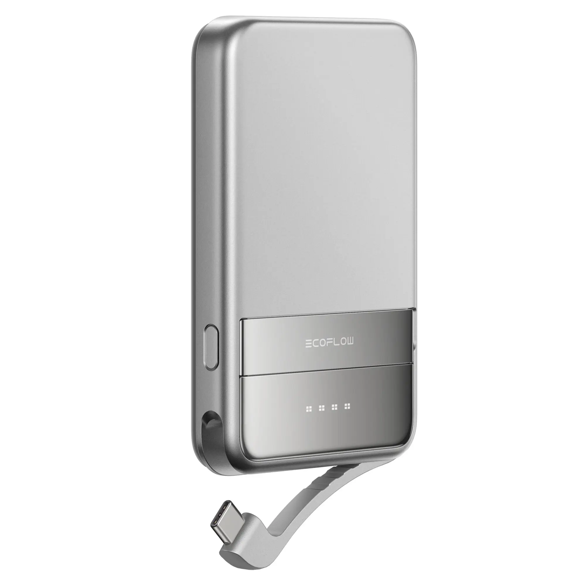 Silberne magnetische Powerbank mit abgerundeten Ecken, EcoFlow-Logo sichtbar, unten USB-C-Stecker und vier LED-Anzeigen