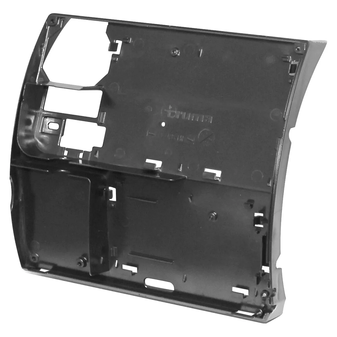 Schwarzes Elektronikgehäuse Combi in geöffneter Innenansicht mit Montageöffnungen, Befestigungselementen und mehreren Fächern