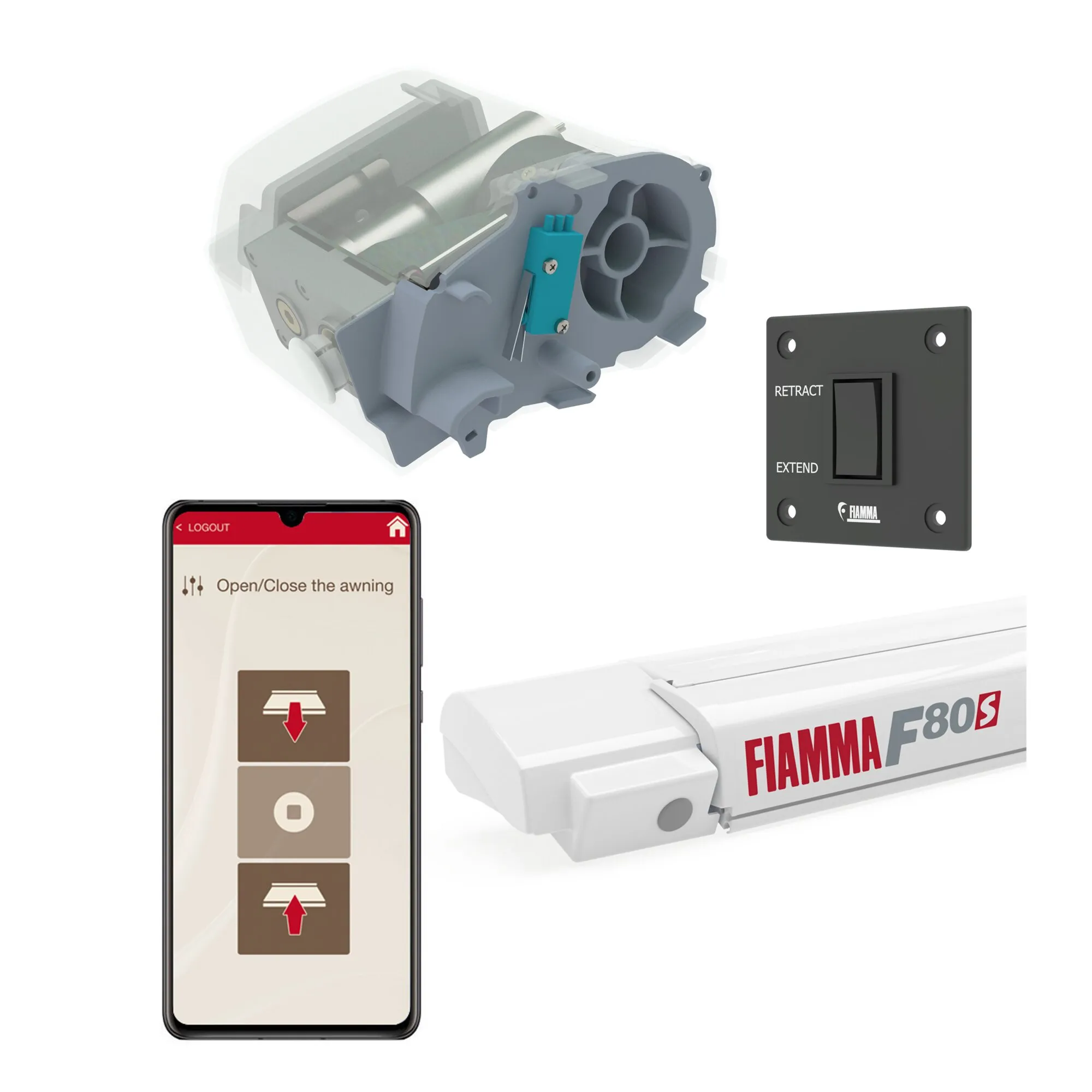 Motor Kit Advanced F80s von Fiamma in Polarweiß mit Innenansicht des Motors, Steuerschalter und App zur Markisenbedienung