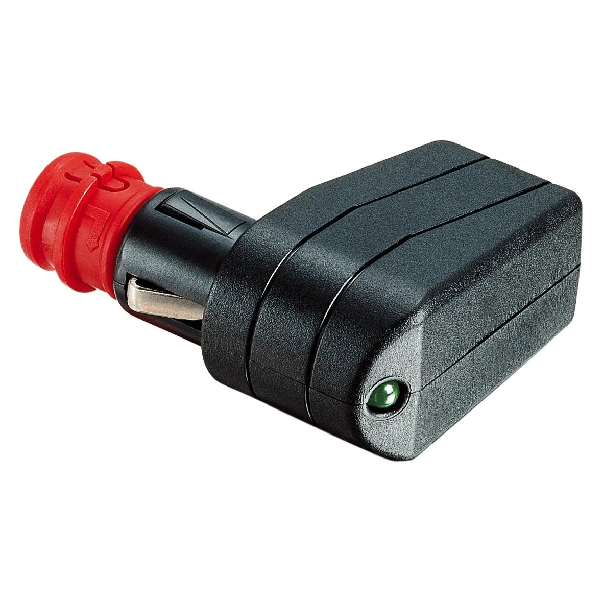 Schwarzer Universal-Winkelstecker mit rotem Anschluss, rechteckigem Gehäuse und grünem Leuchtanzeiger an der Vorderseite
