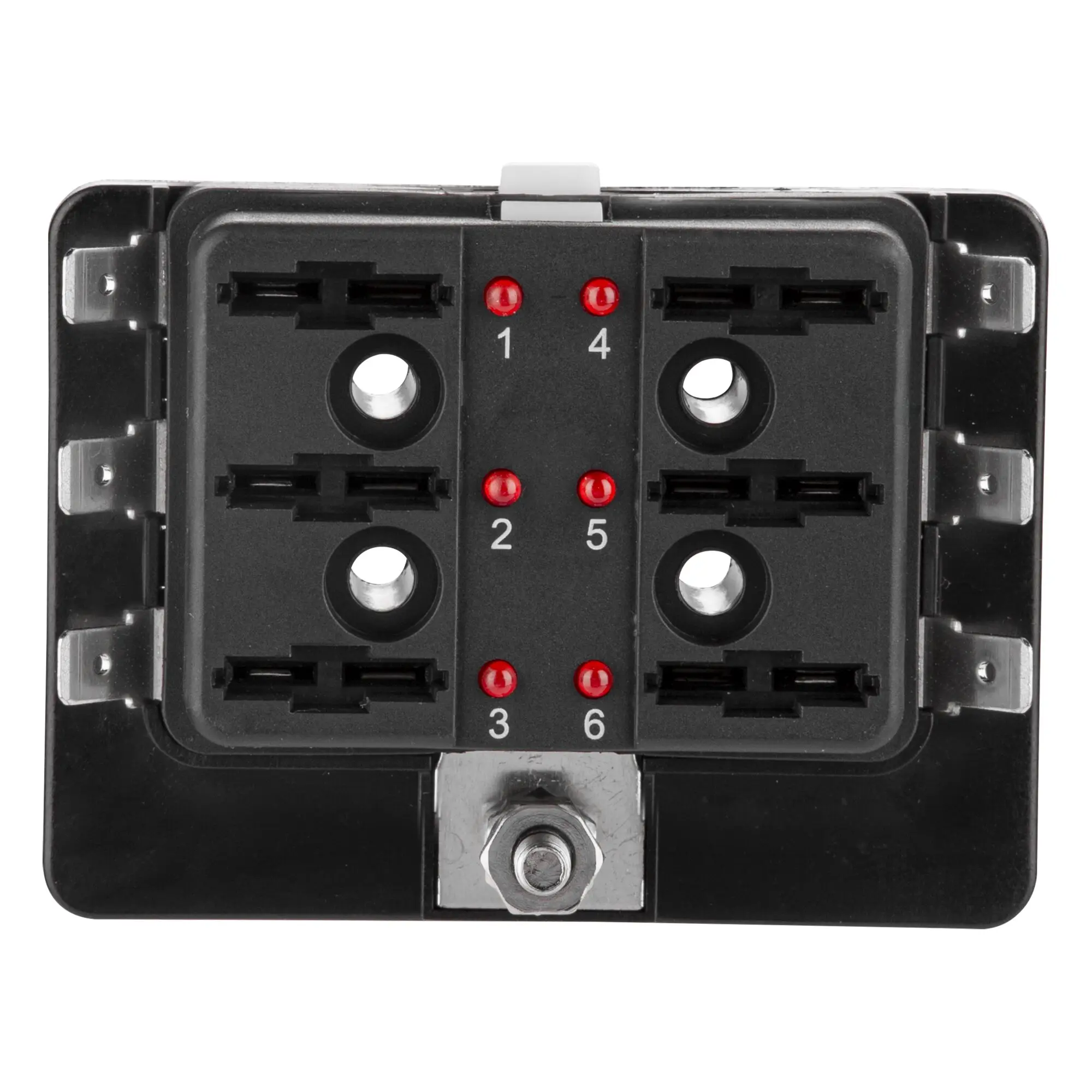 Schwarzer Sicherungshalter mit sechs Steckplätzen, zwei seitliche Metallträger, Nummern 1–3 links, 4–6 rechts, rote LEDs neben den Ziffern