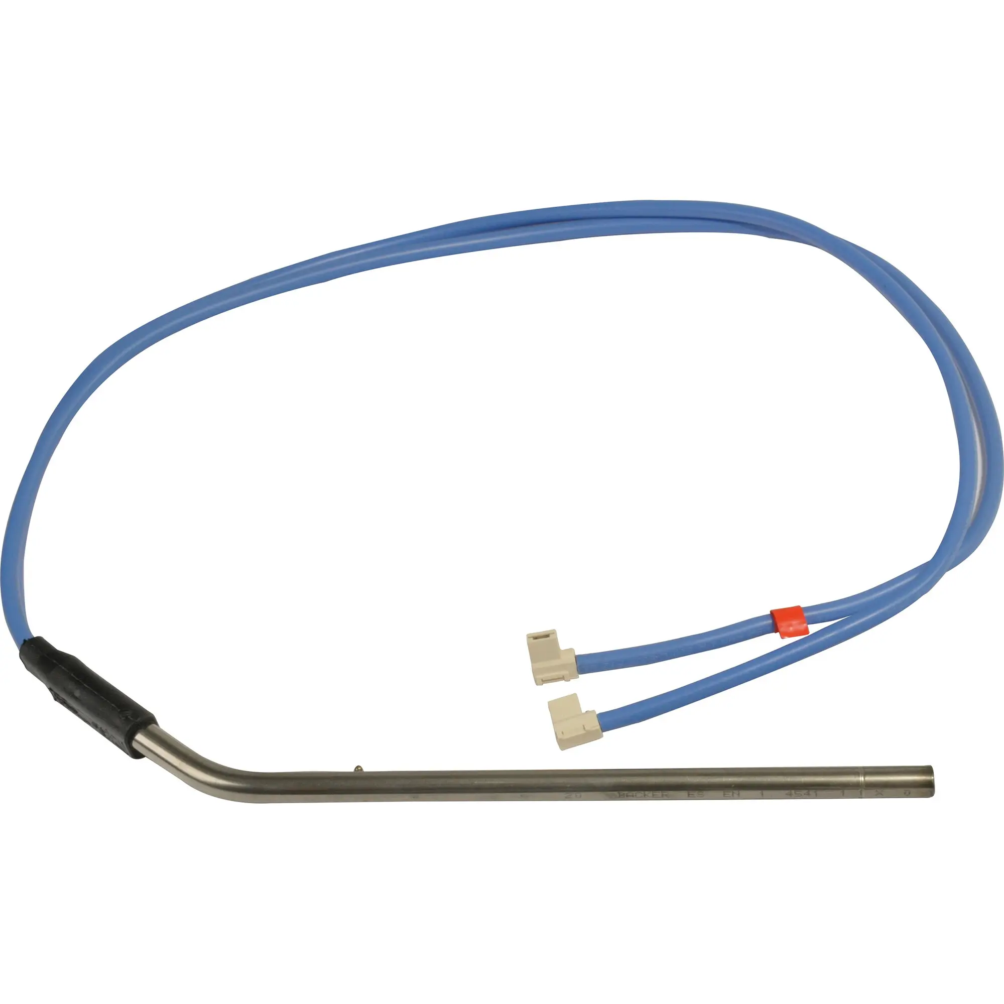 Blaues Kabel mit zwei hellen Steckern, unten ein gebogener Metallheizelement mit schwarzer Isolierung und orangefarbenem Kabelbinder