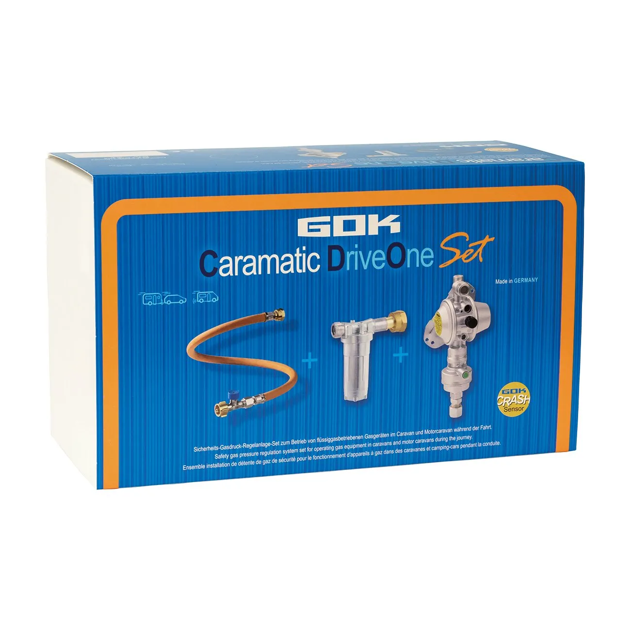 GOK Caramatic DriveOne Set, vertikale Sicherheits-Gasdruck-Regelanlage mit Schlauch, Filter und Crash-Sensor in Verpackung
