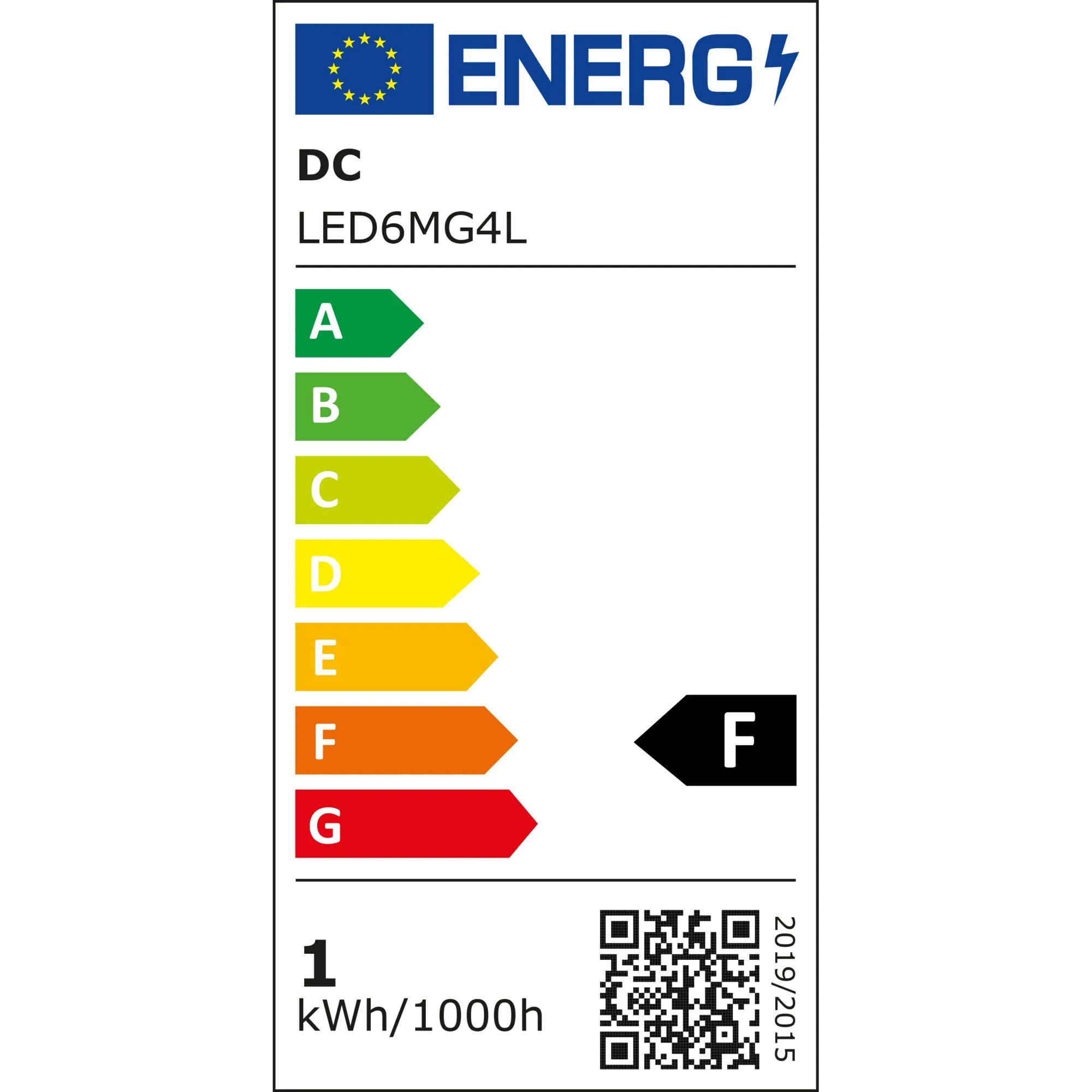 EU-Energielabel für LED-G4-Flachmodul LED6MG4L mit Energieeffizienzklasse F und Verbrauch von 1 kWh/1000 h