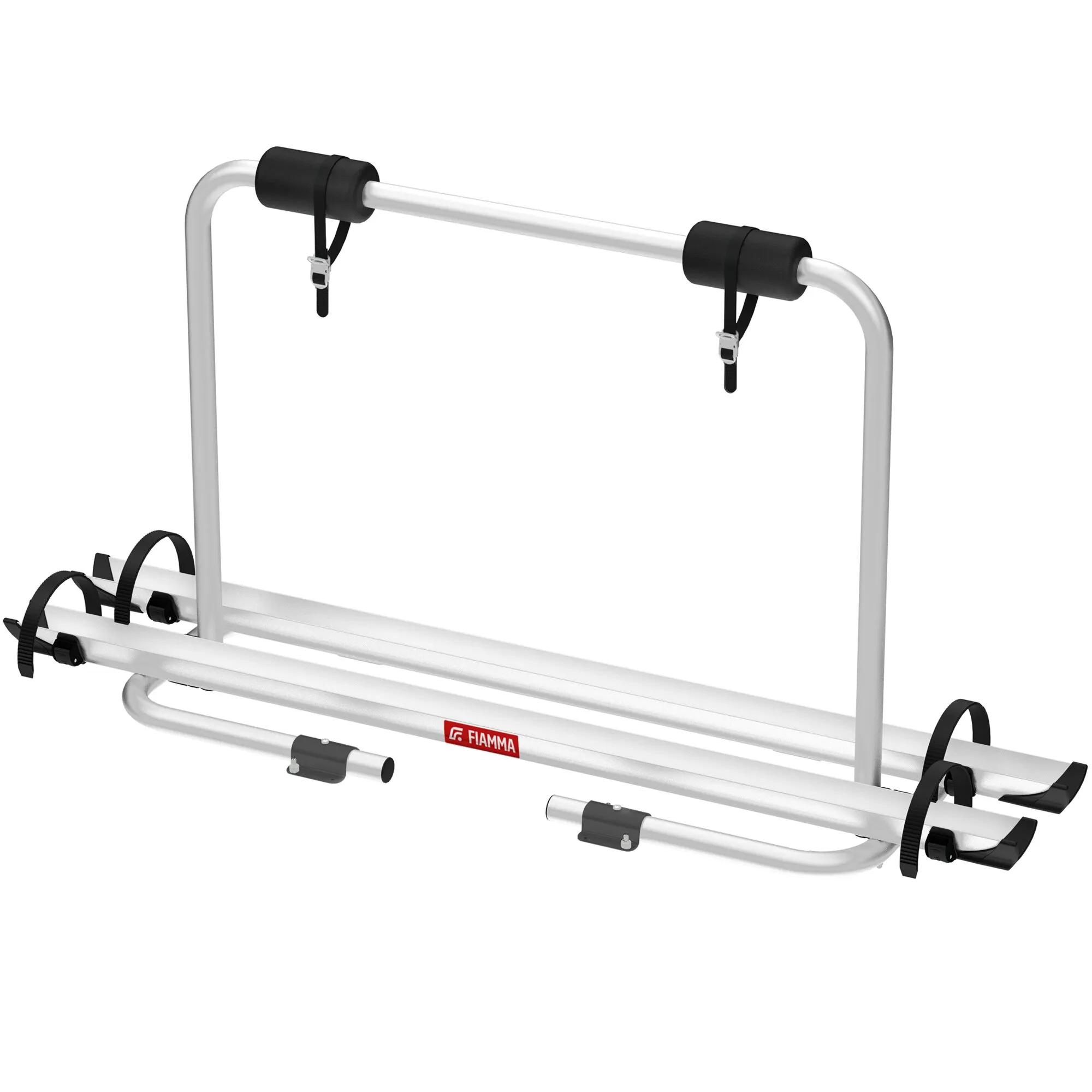 Deichselträger Carry-Bike Caravan XL A von Fiamma aus silbernen Aluminiumschienen mit schwarzen Haltegurten und Fahrradbügeln