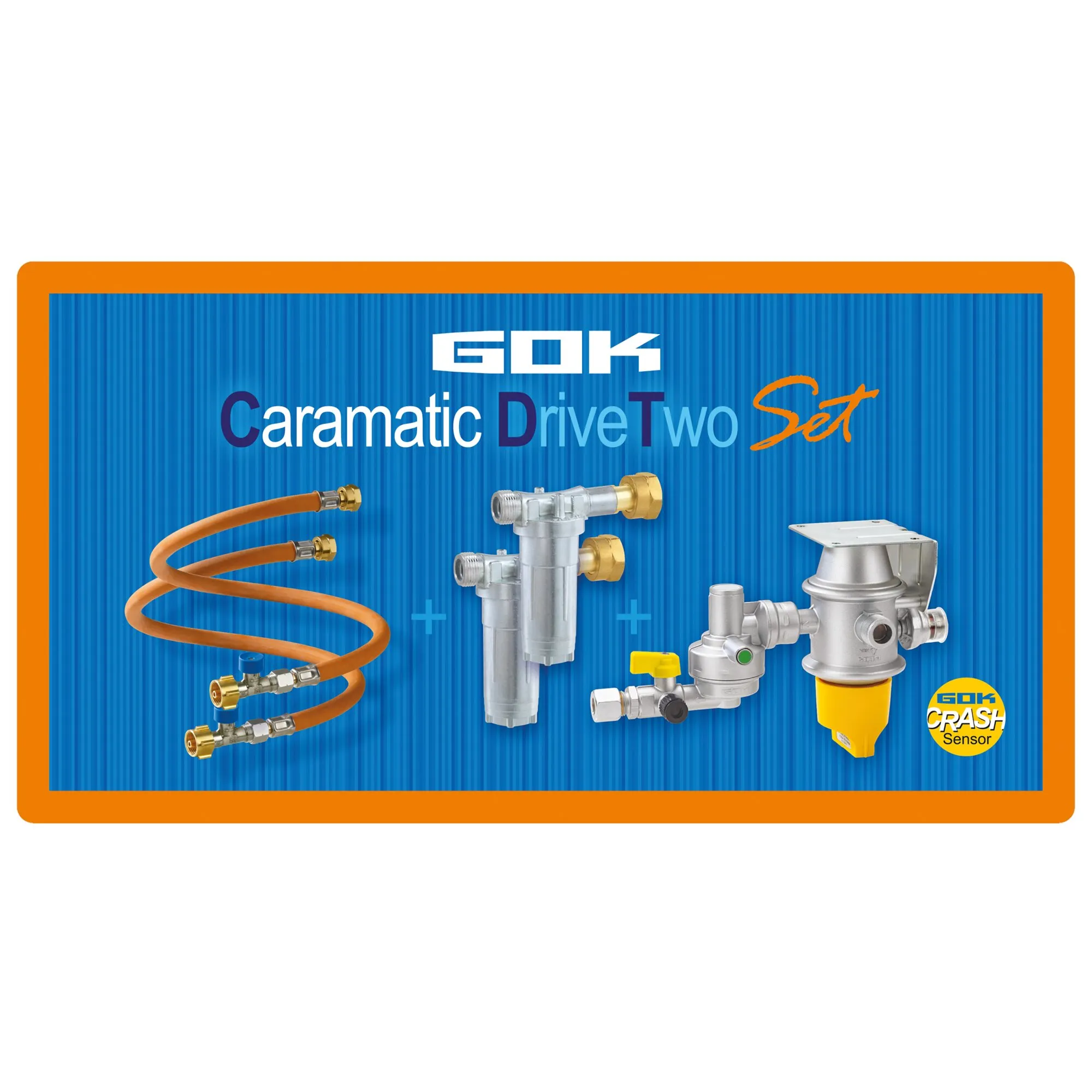 GOK Caramatic DriveTwo Set mit orangefarbenen Gasanschlussschläuchen, silbernen Regelarmaturen und gelbem Crash-Sensor