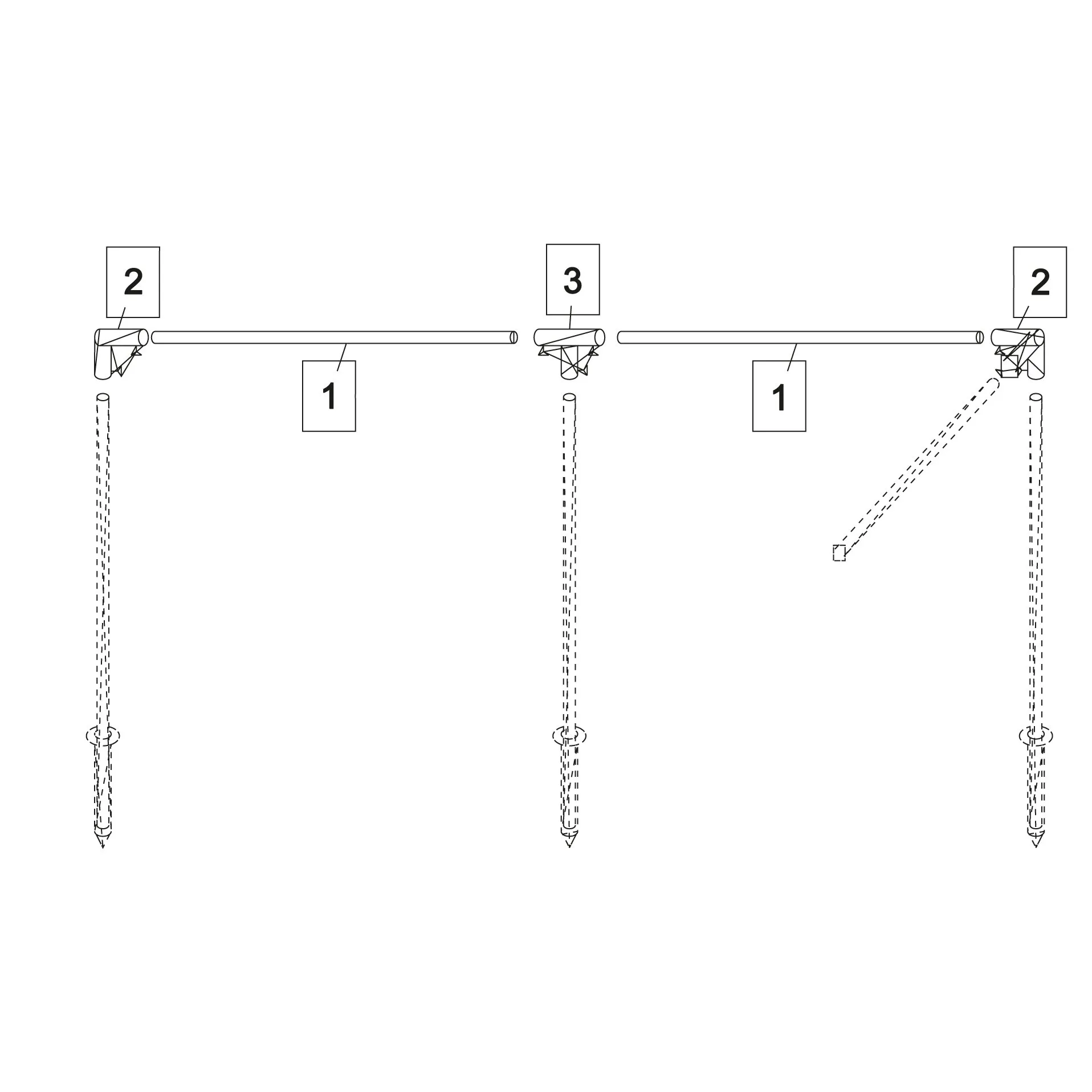 Montagezeichnung des Windschutzes Flex Grey Basic mit Stangen, Verbindungselementen und Bodenbefestigungen, nummeriert 1, 2 und 3