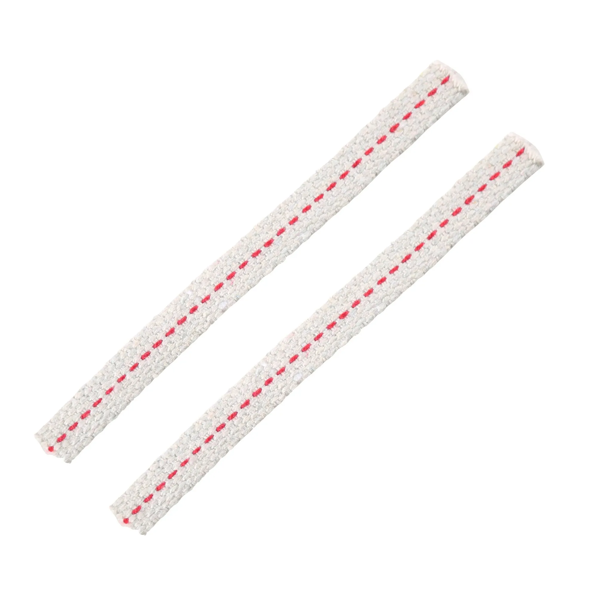 Zwei 12 cm lange, weiße Kerzendochte mit roter Mittelmarkierung auf weißem Hintergrund