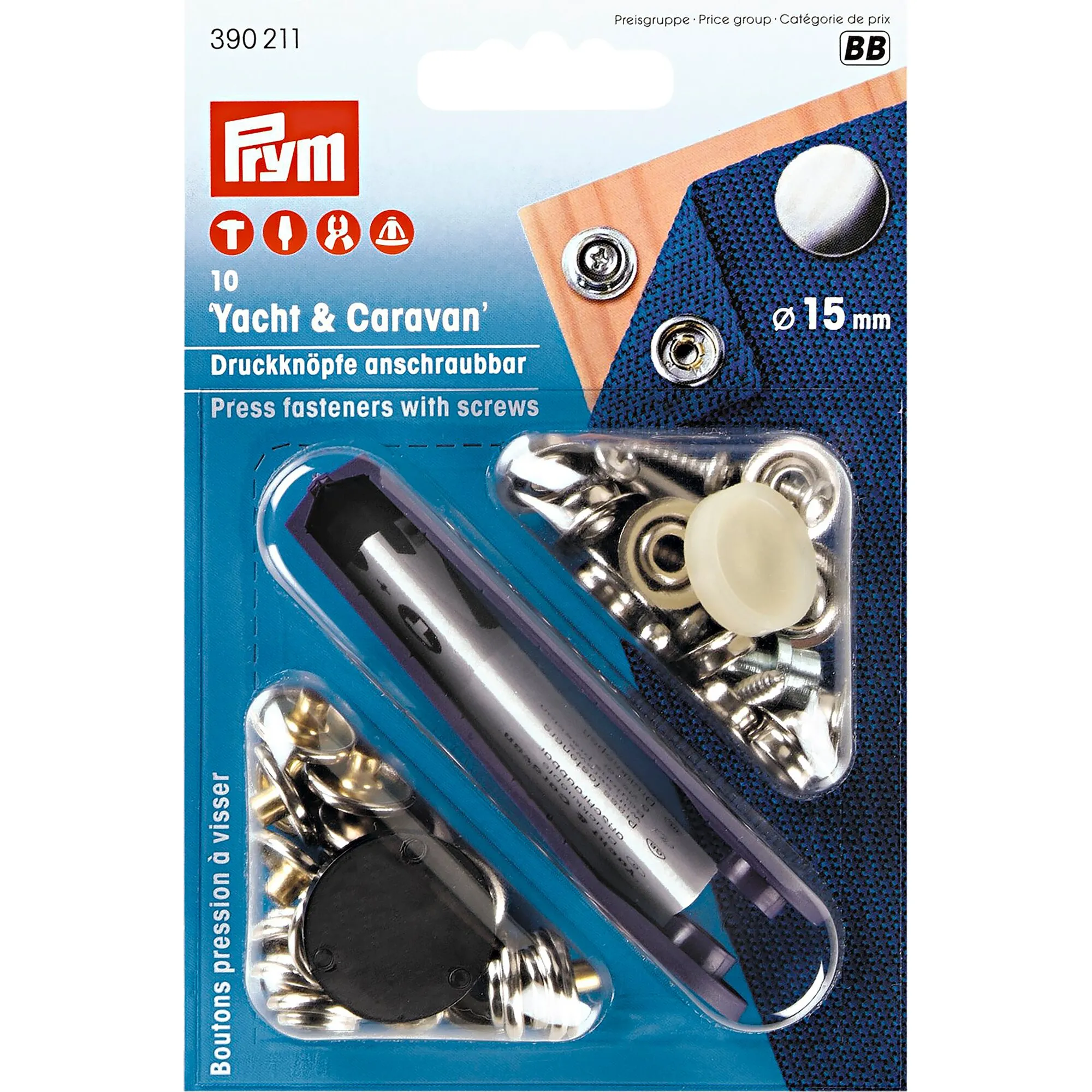 Prym-Packung mit zehn anschraubbaren Druckknöpfen für Yacht und Caravan, Durchmesser 15 mm, inklusive Werkzeug und Schrauben