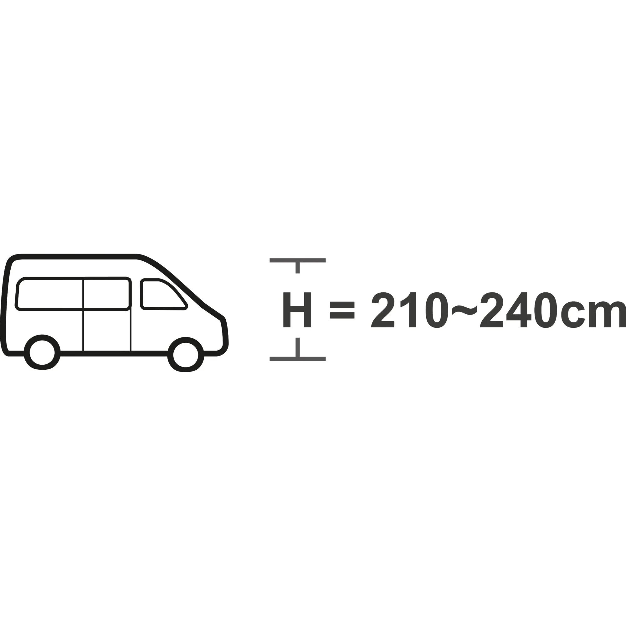 Linienzeichnung eines Campingbusses in Seitenansicht mit Höhenangabe H von 210 bis 240 cm für das Busvorzelt Aquila Pro
