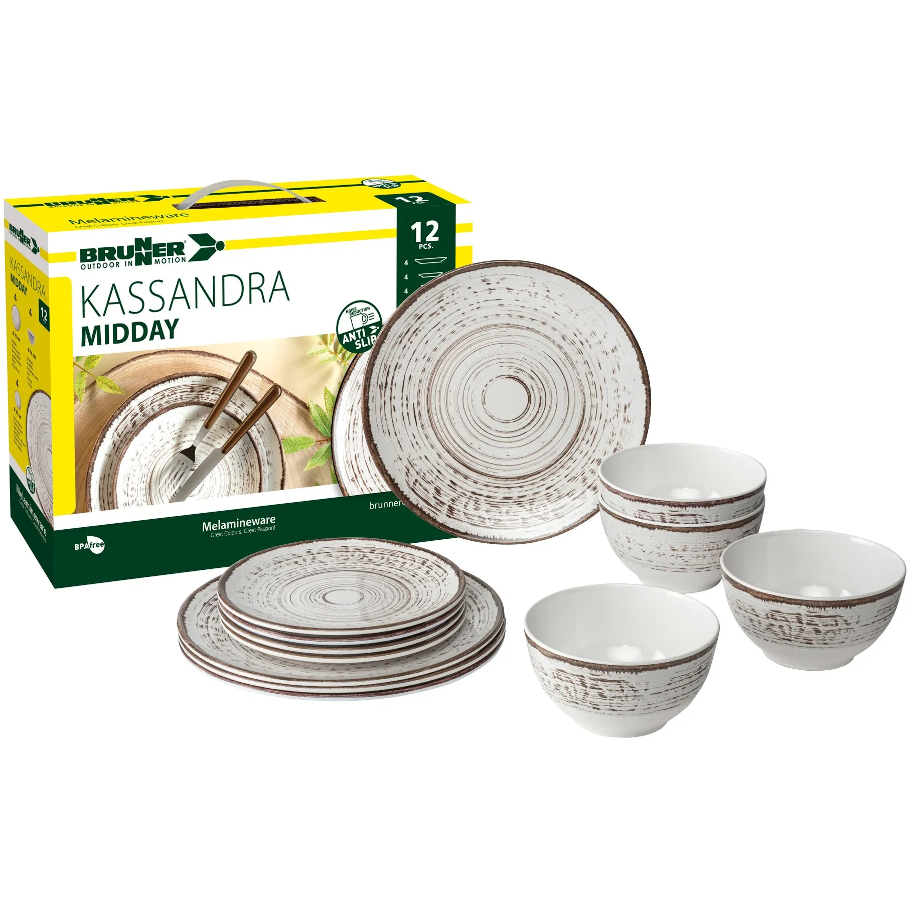 Brunner Kassandra Geschirrset 12-teilig aus weißem Melamin mit braunem Ringmuster, Tellern und Schüsseln neben der Verpackung