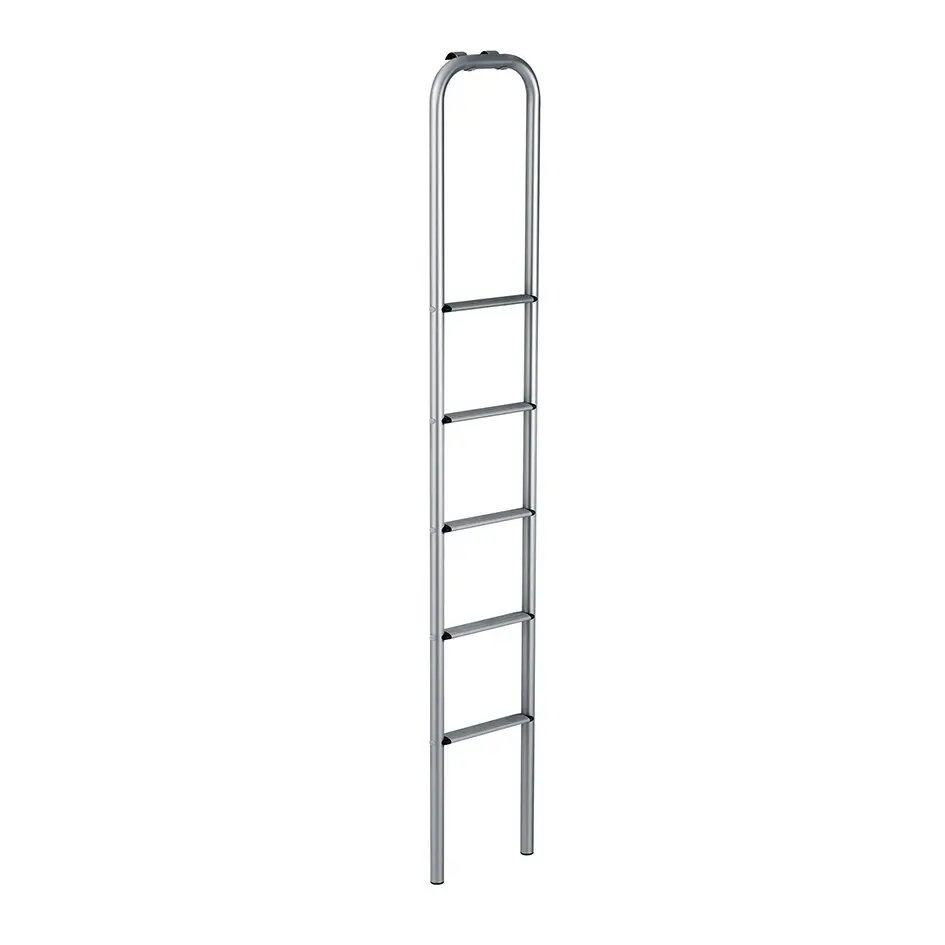 Silberne Thule Leiter 5, Aluminiumleiter mit fünf Stufen, gerundeter Oberbügel, seitliche Rohre und schwarze Endkappen an den Füßen