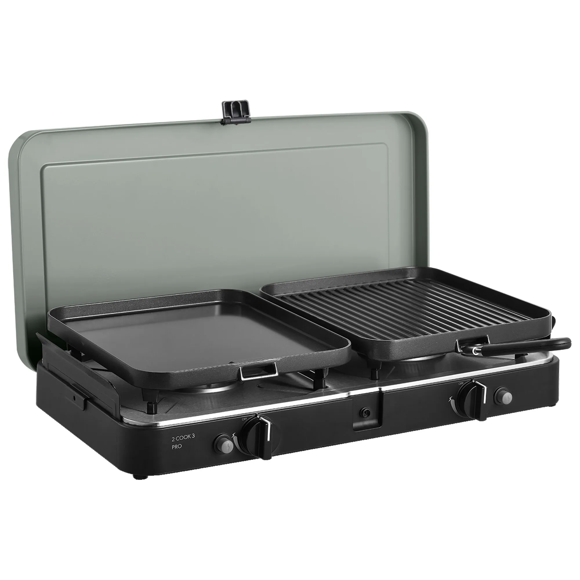 Schwarzer 2-flammiger Gaskocher 2 Cook 3 Pro Deluxe mit aufgeklapptem Deckel, Grillrost und glatter Grillplatte, 50 mbar