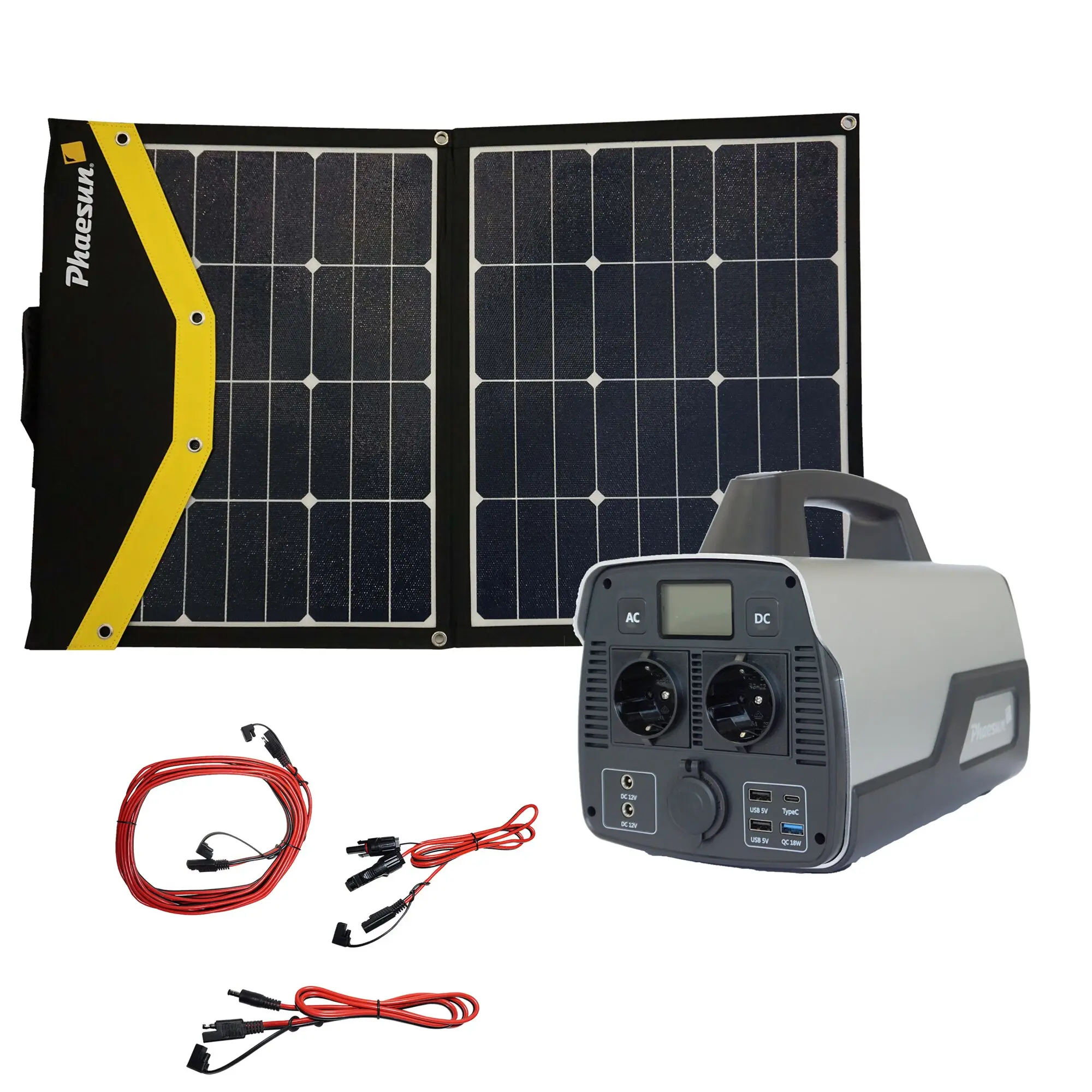 Faltbares Solarpanel mit dunklen Zellen im Raster, linke Gelb-Rahmenkante, darunter tragbare Stromversorgungseinheit mit Display und Kabeln